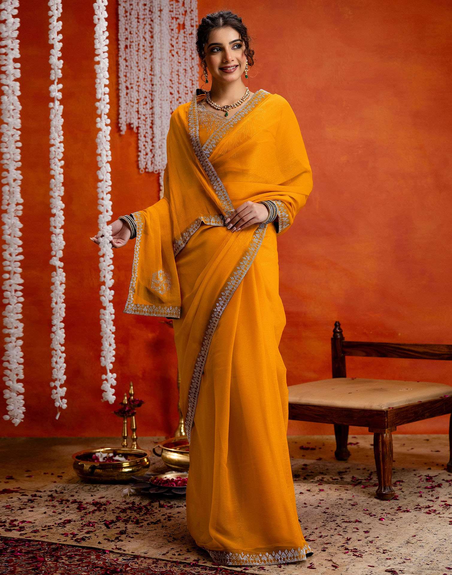 Yellow Shimmer Stone Work Swarovski Saree - Image 7