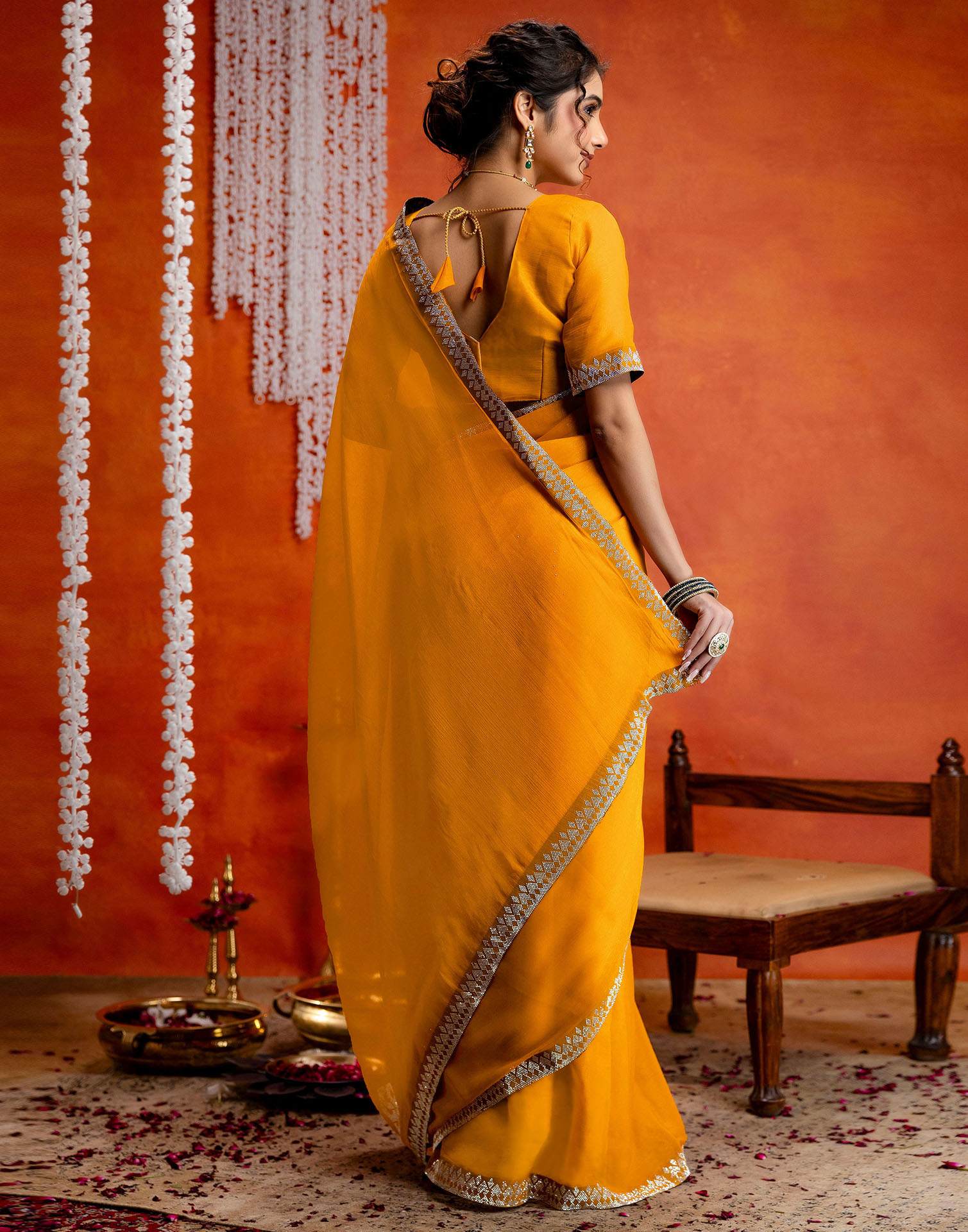 Yellow Shimmer Stone Work Swarovski Saree - Image 8