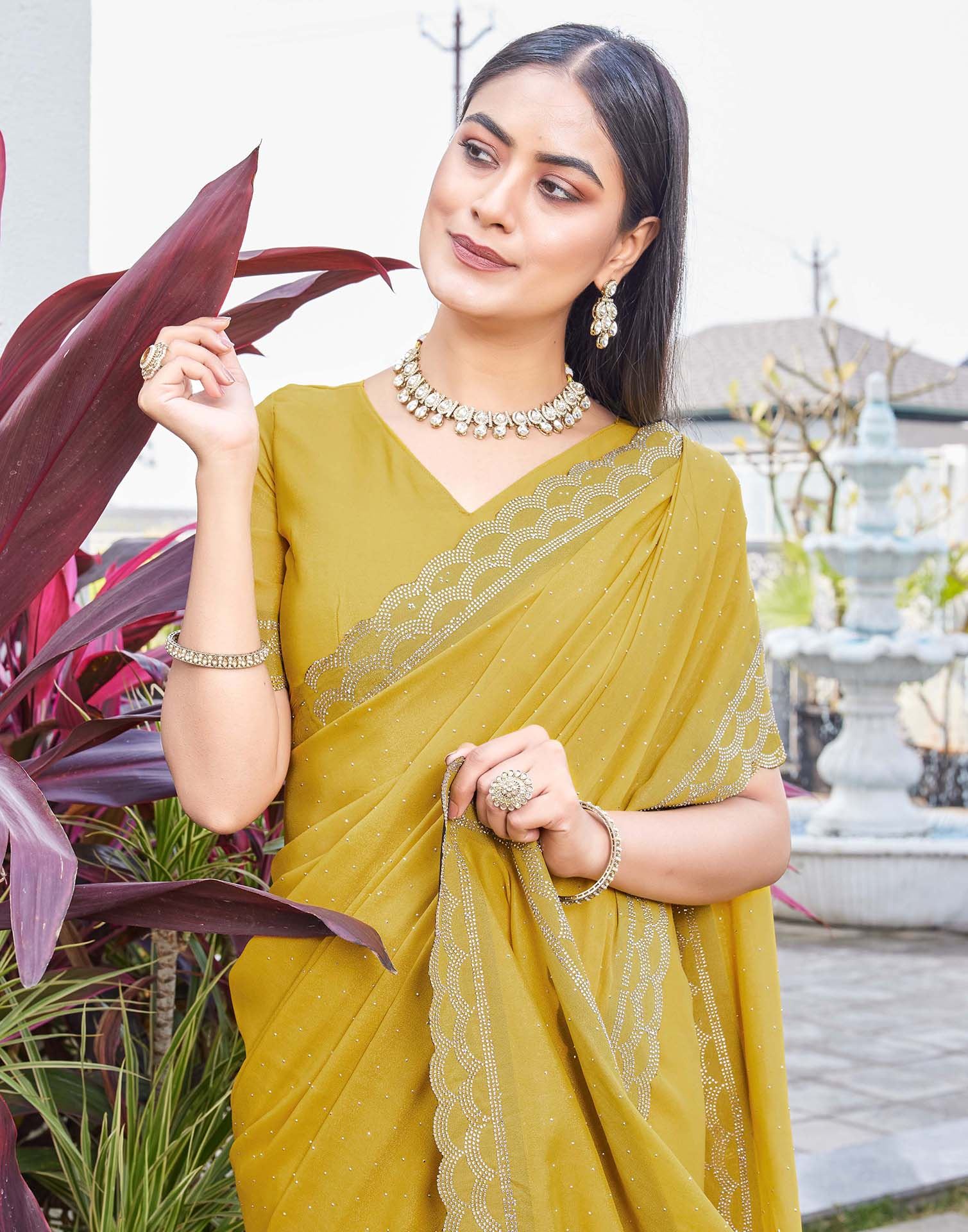 Yellow Shimmer Stone Work Swarovski Saree - Image 2