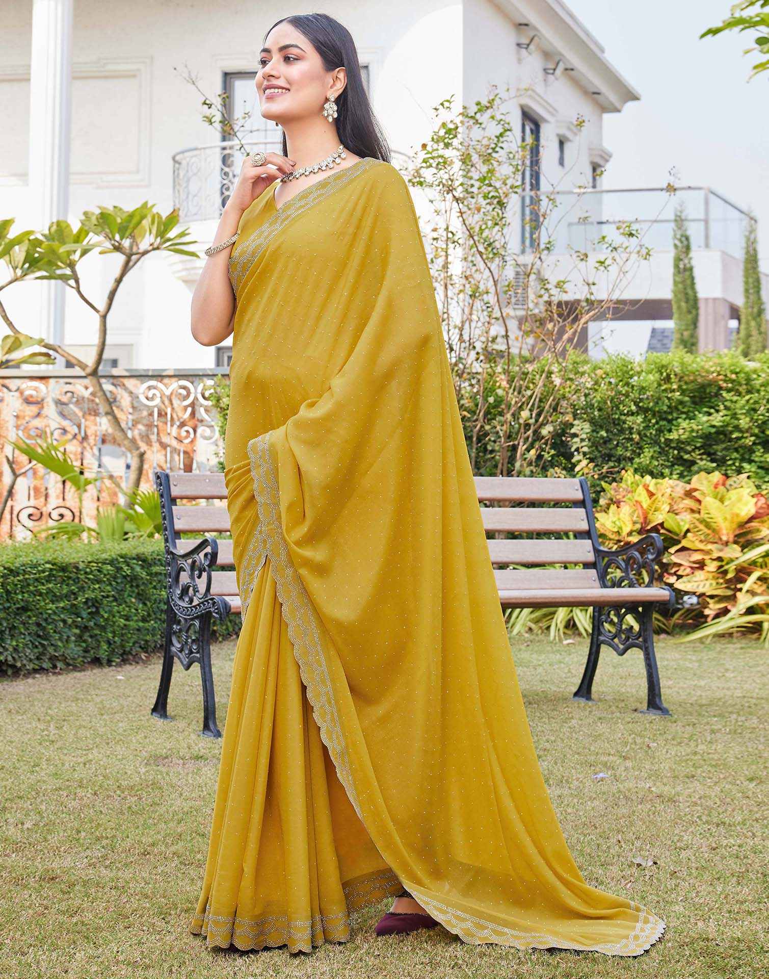 Yellow Shimmer Stone Work Swarovski Saree - Image 5