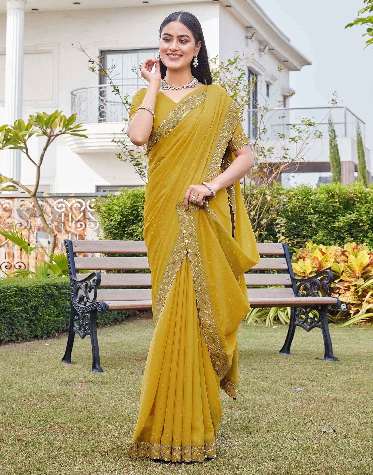 Yellow Shimmer Stone Work Swarovski Saree - Image 6