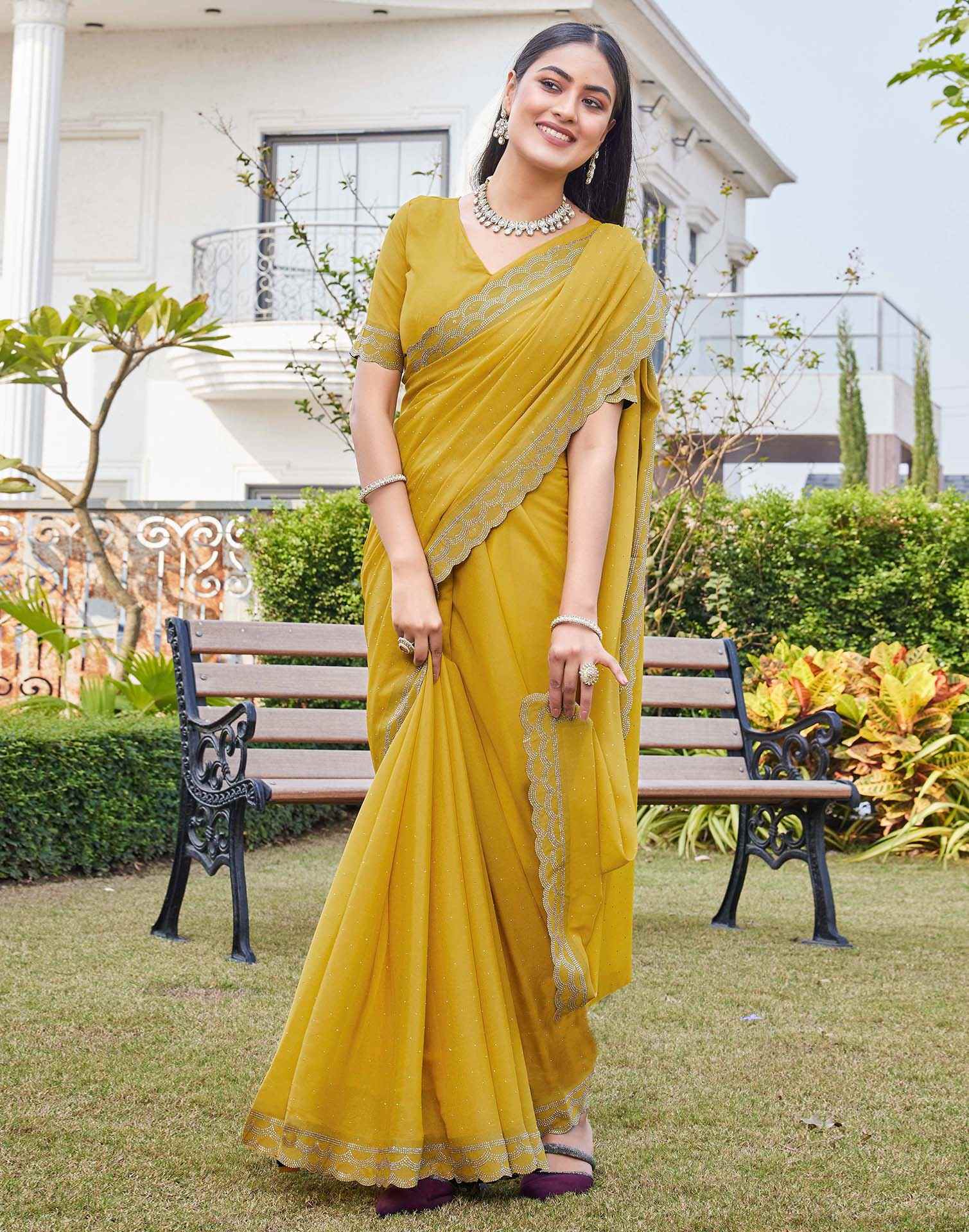 Yellow Shimmer Stone Work Swarovski Saree - Image 8