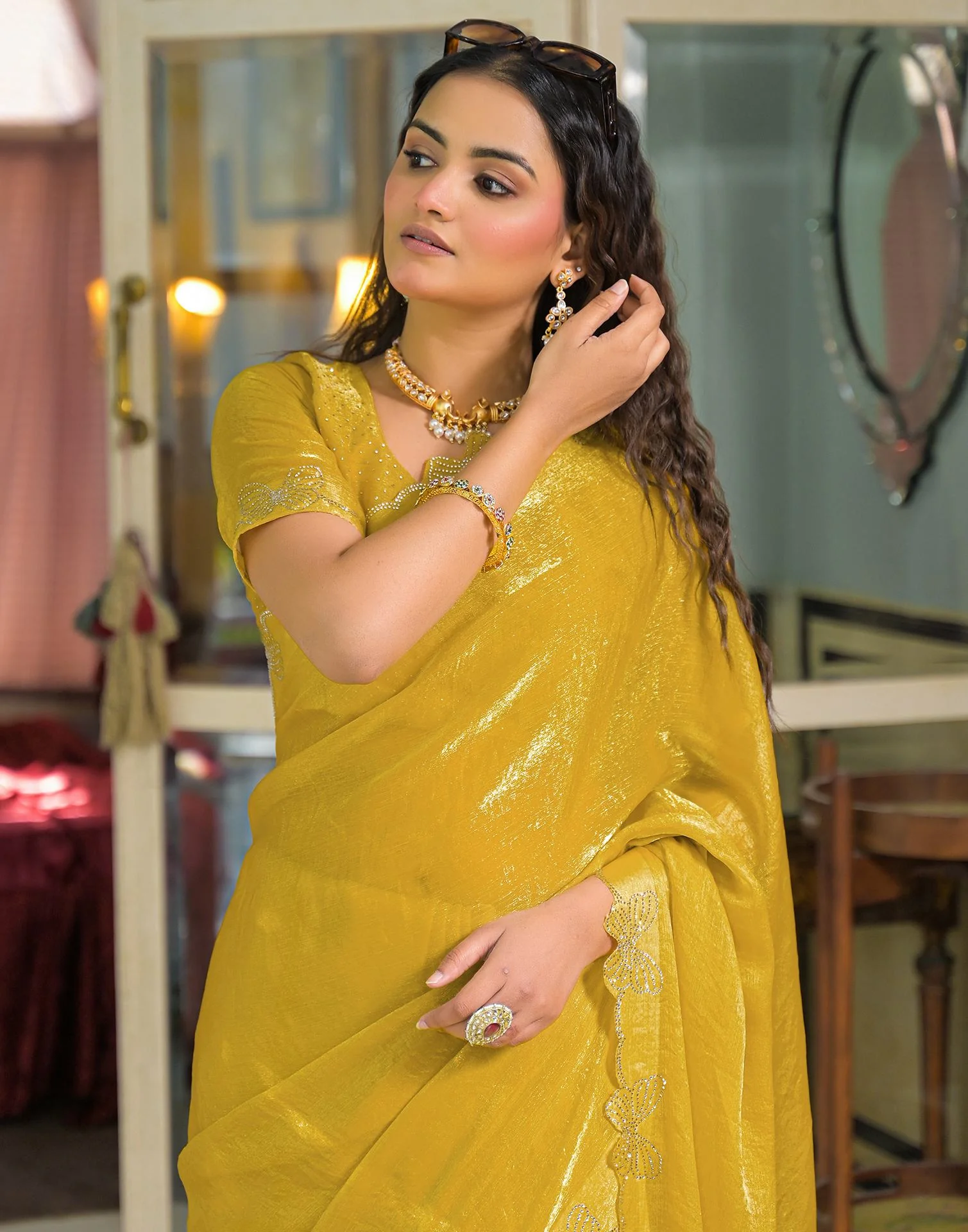 Yellow Shimmer Stone Work Swarovski Saree - Image 2