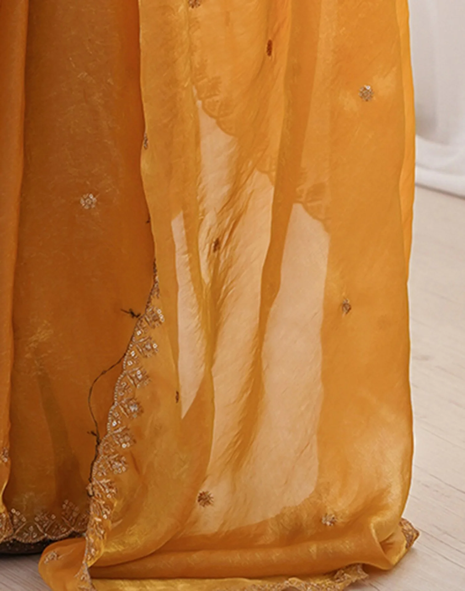 Yellow Shimmer Tissue Sequence Embroidery Saree - Image 9