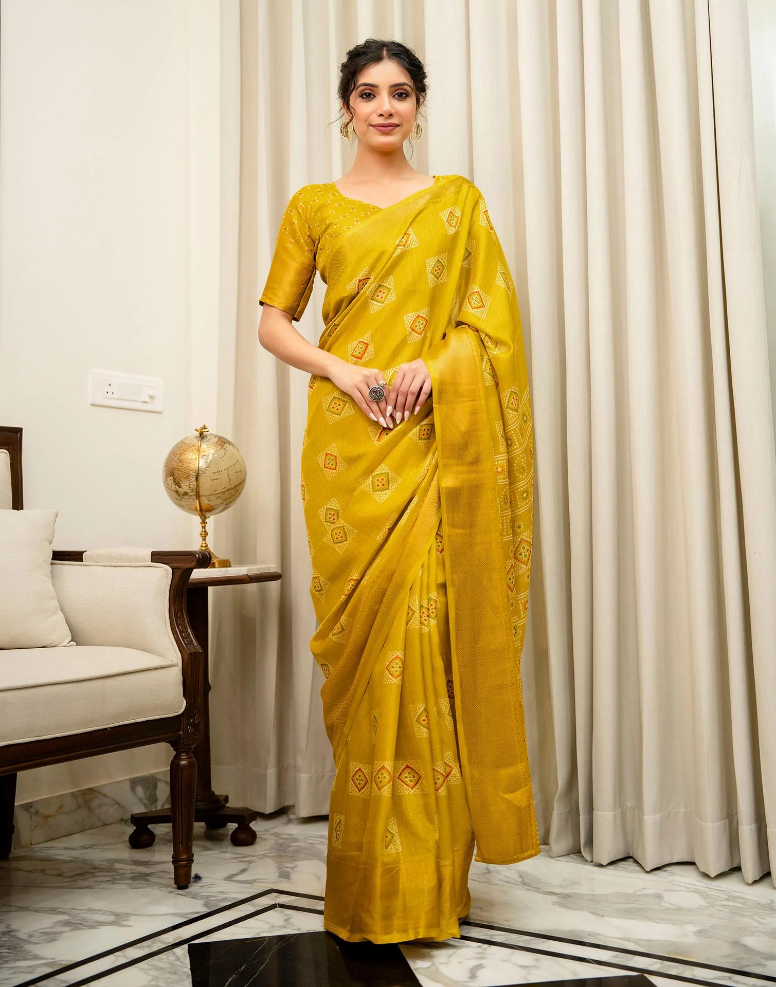 Yellow Silk Bandhani Printed Zari Stripe SareeĀ