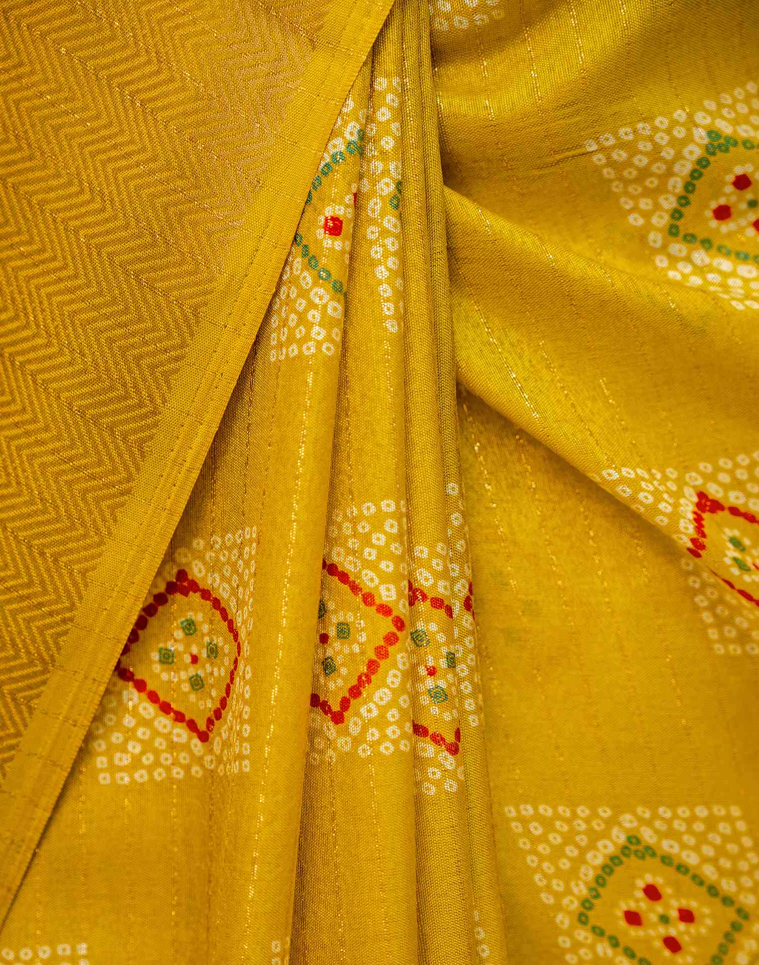 Yellow Silk Bandhani Printed Zari Stripe SareeĀ - Image 10