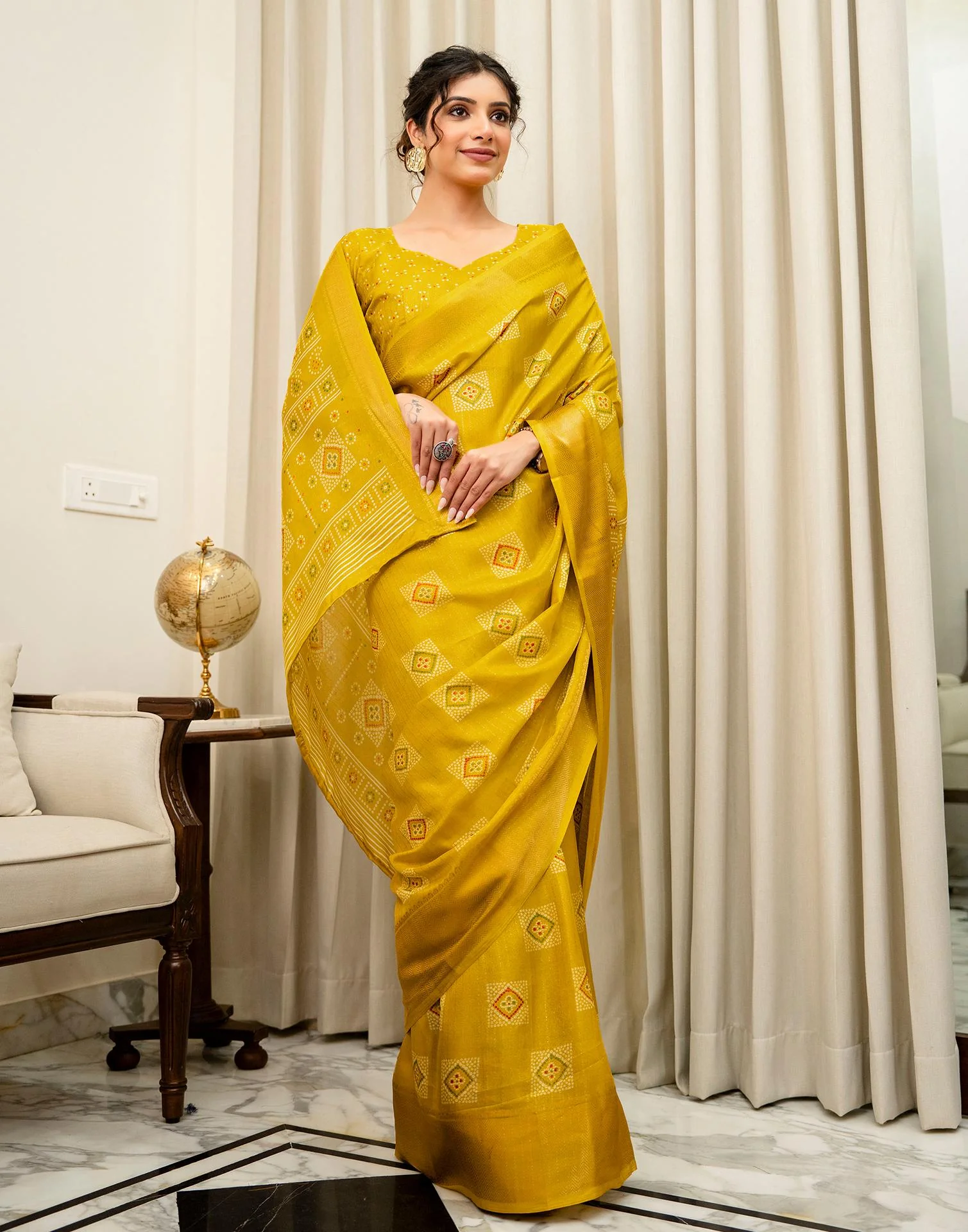 Yellow Silk Bandhani Printed Zari Stripe SareeĀ - Image 6