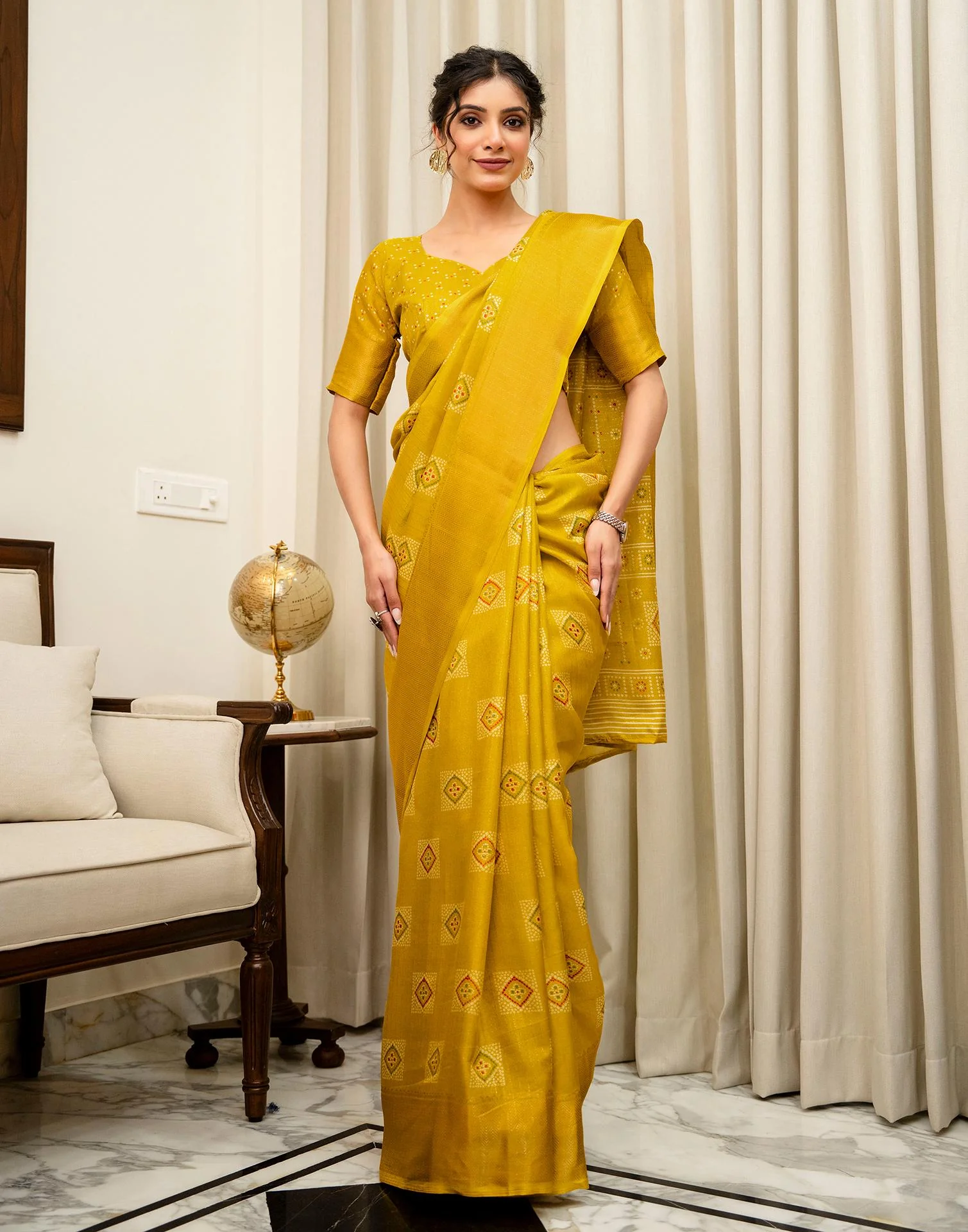 Yellow Silk Bandhani Printed Zari Stripe SareeĀ - Image 8