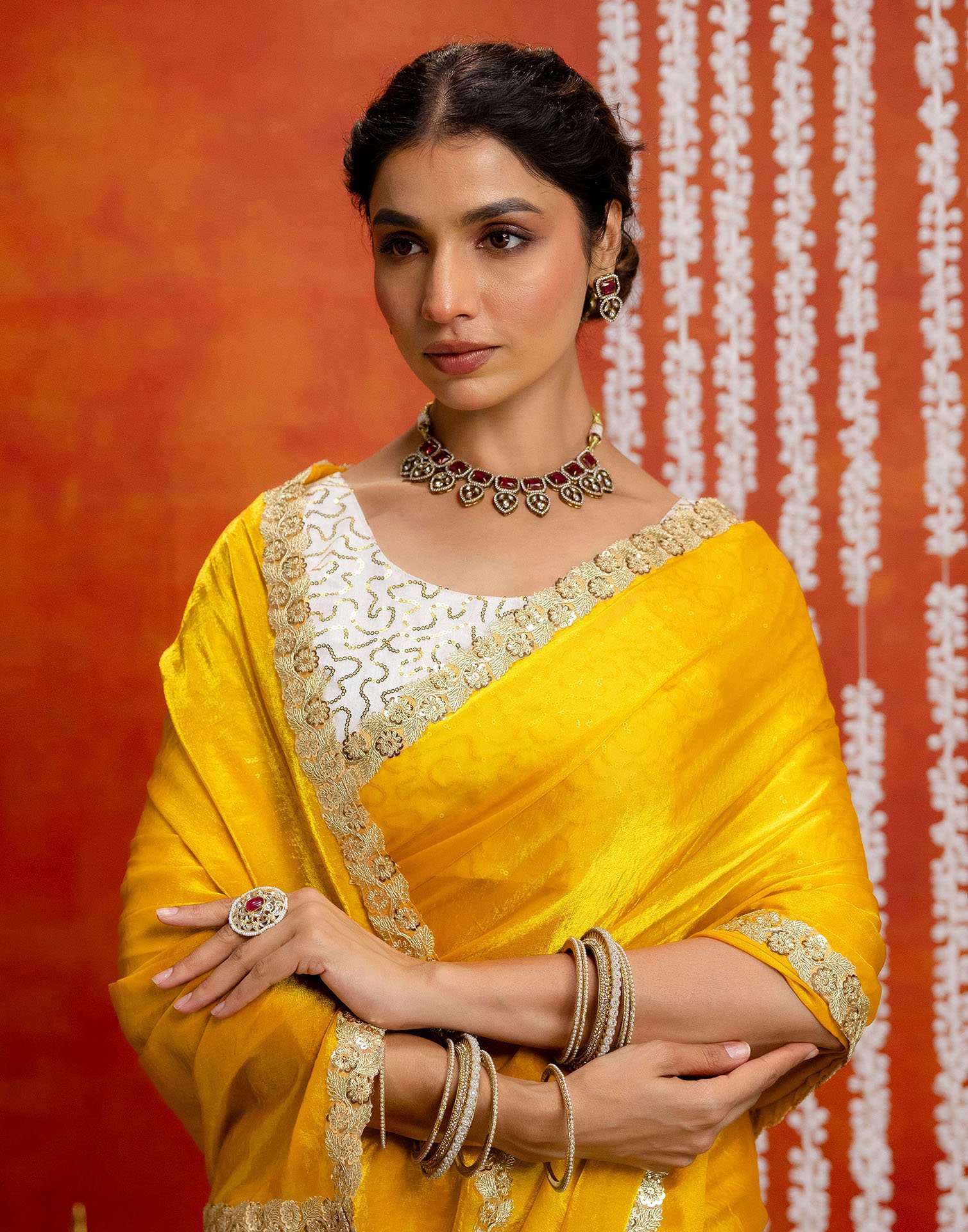 Yellow Silk Embroidery lace Saree - Image 2