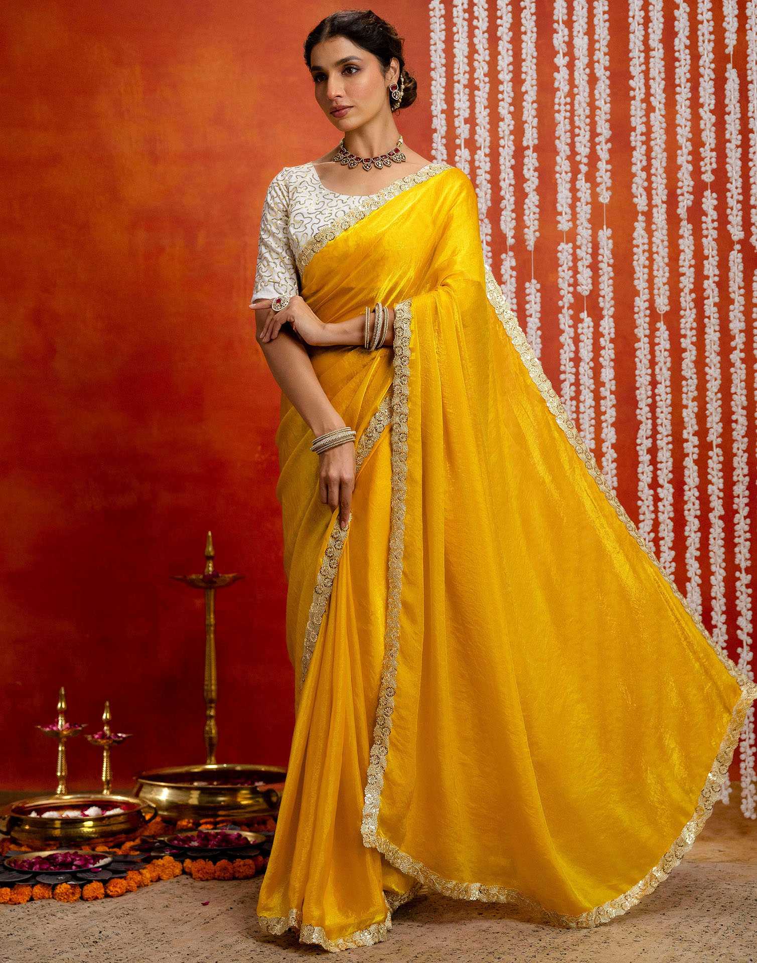 Yellow Silk Embroidery lace Saree - Image 6