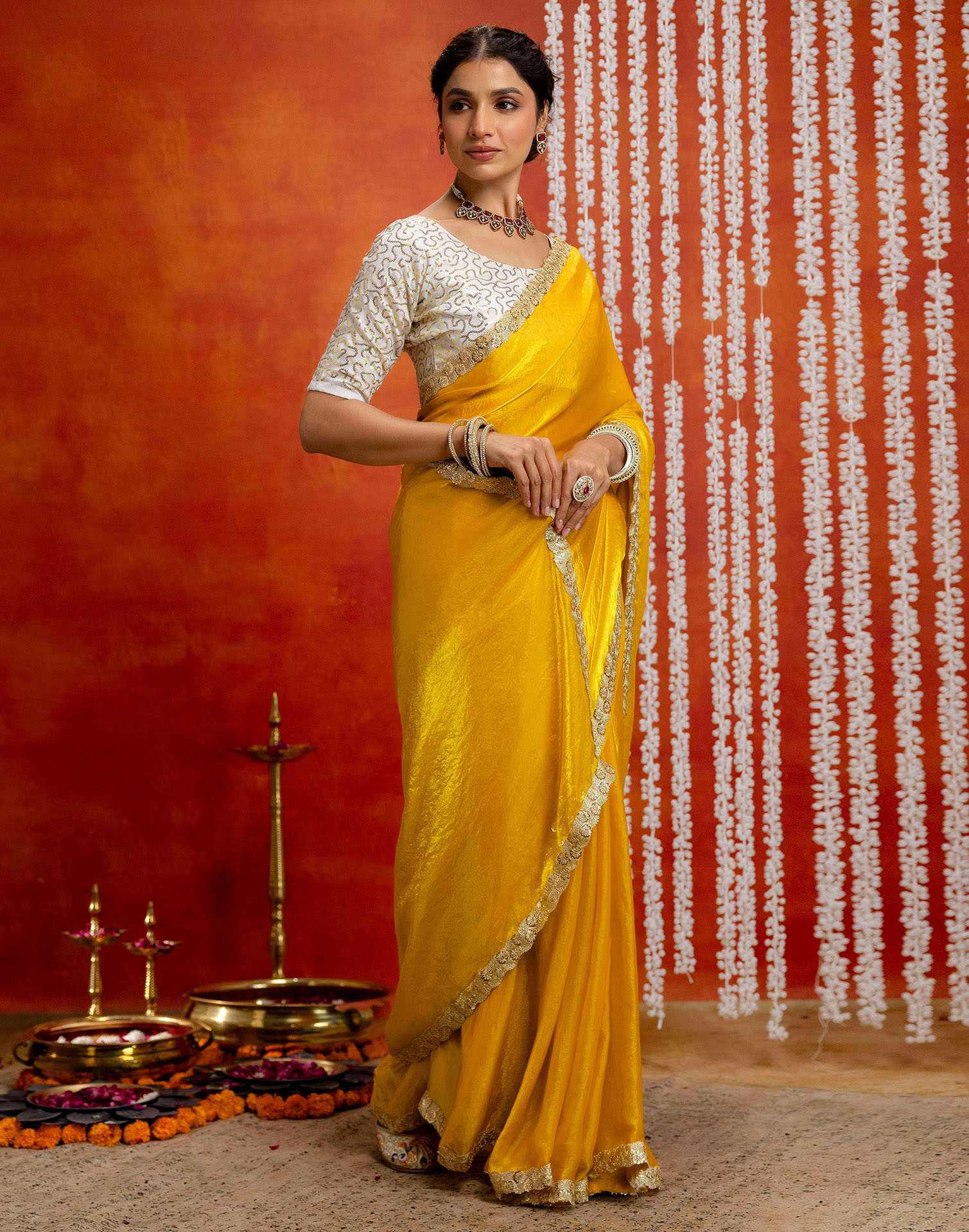 Yellow Silk Embroidery lace Saree - Image 7