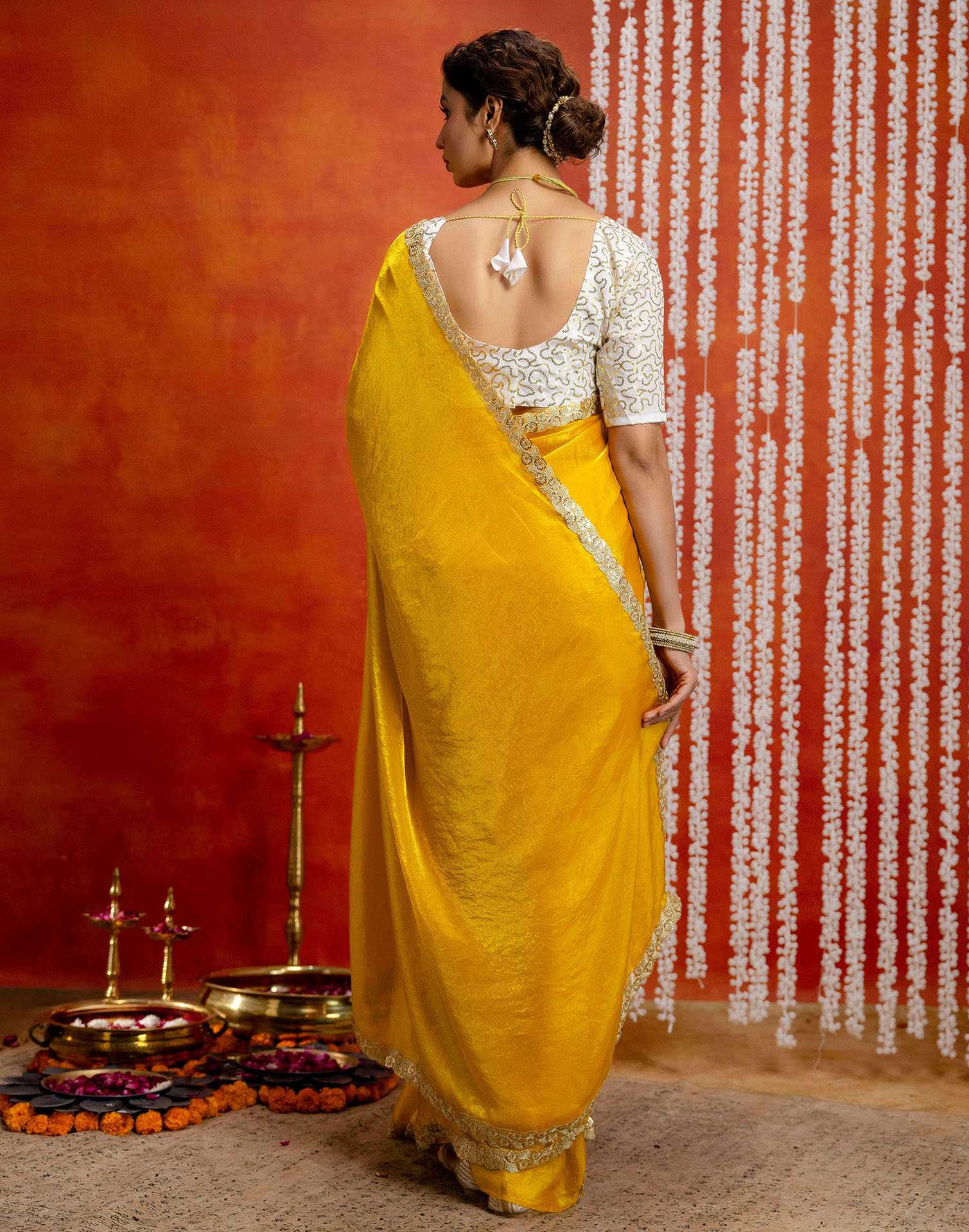 Yellow Silk Embroidery lace Saree - Image 8