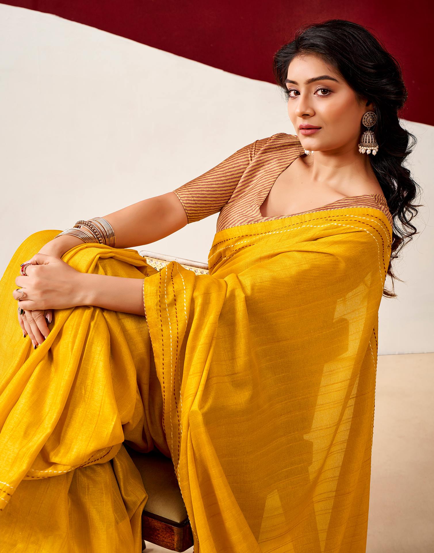 Yellow Silk Embroidery Saree - Image 2