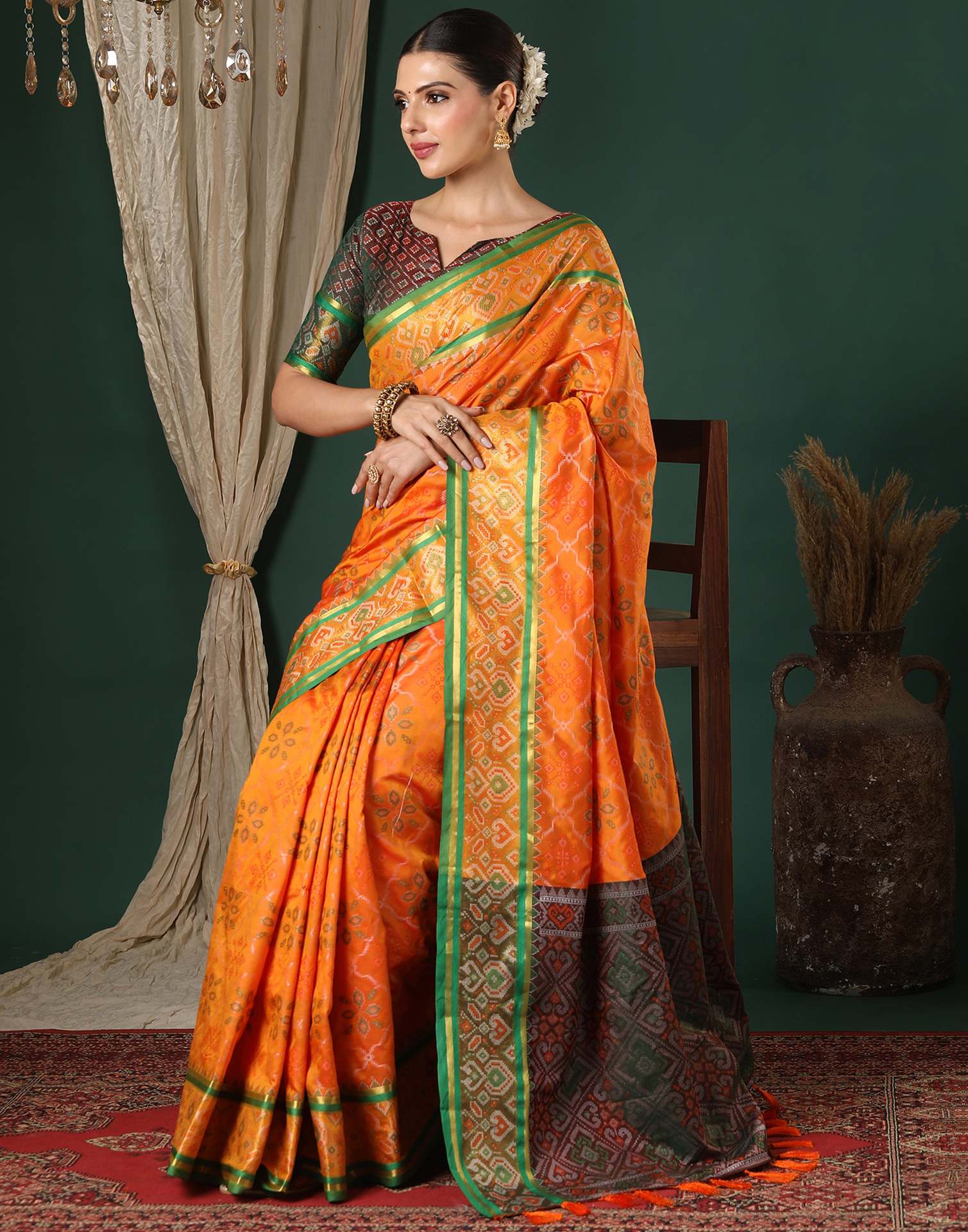 Orange Silk Patola Woven Saree - Image 4