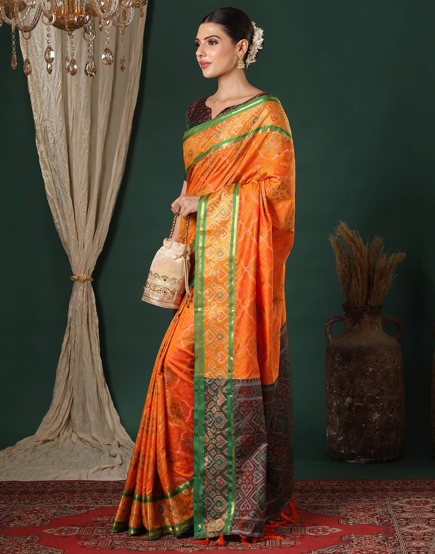 Orange Silk Patola Woven Saree - Image 5