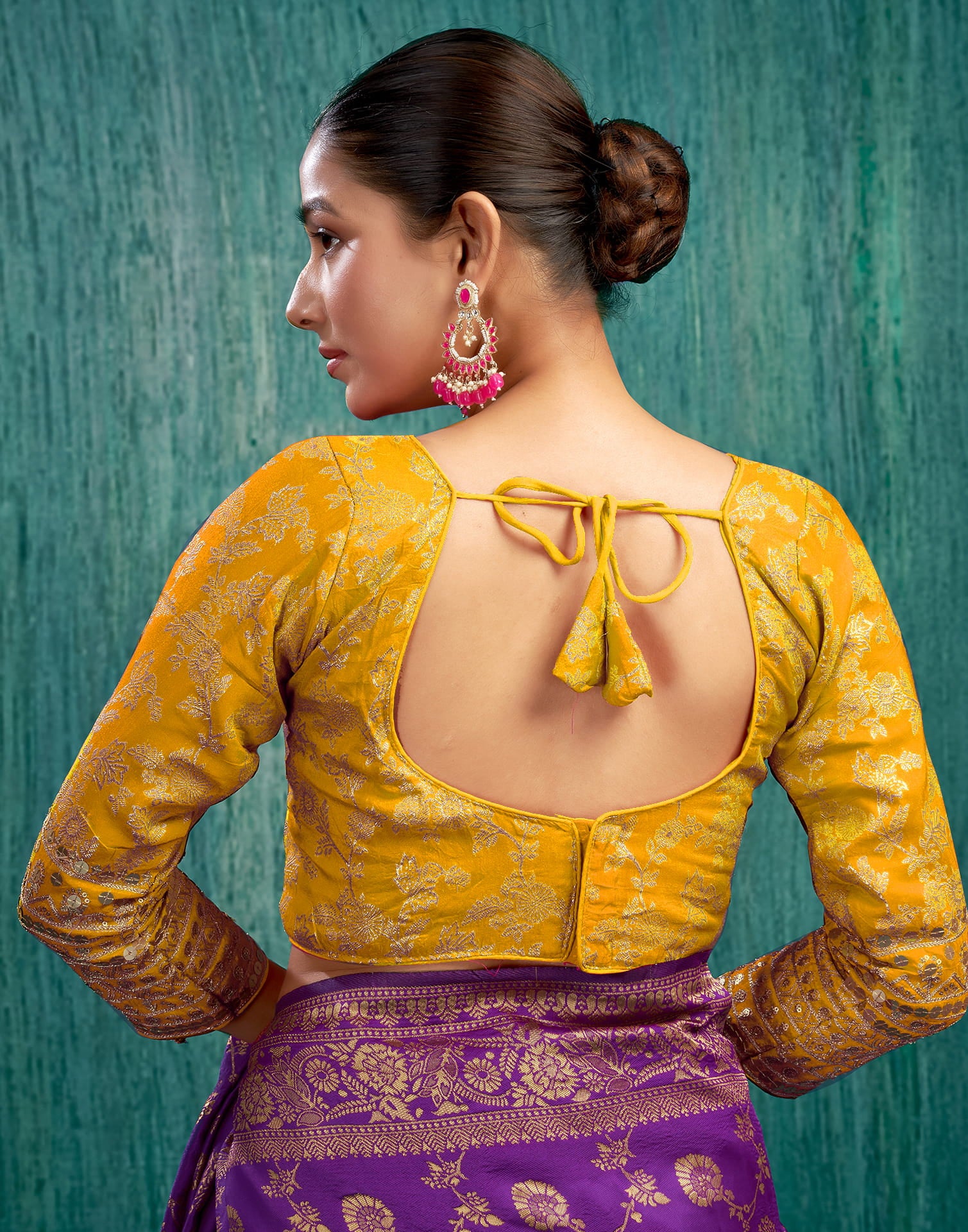 Yellow Silk Plain Embroidery Blouse - Image 2