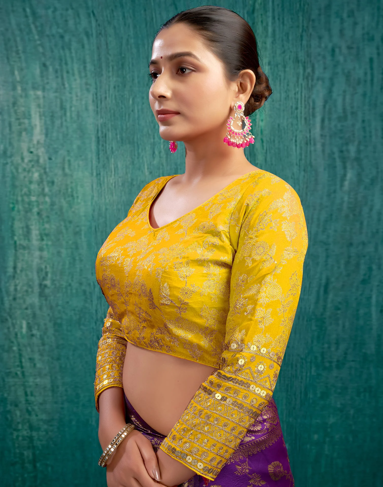 Yellow Silk Plain Embroidery Blouse - Image 4