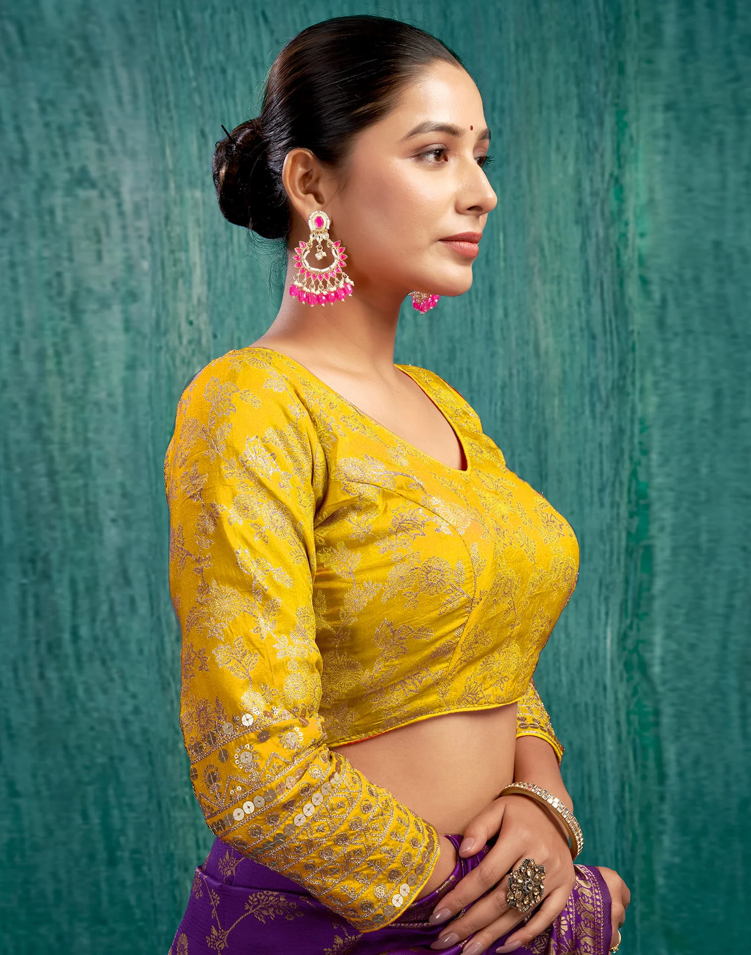 Yellow Silk Plain Embroidery Blouse - Image 5