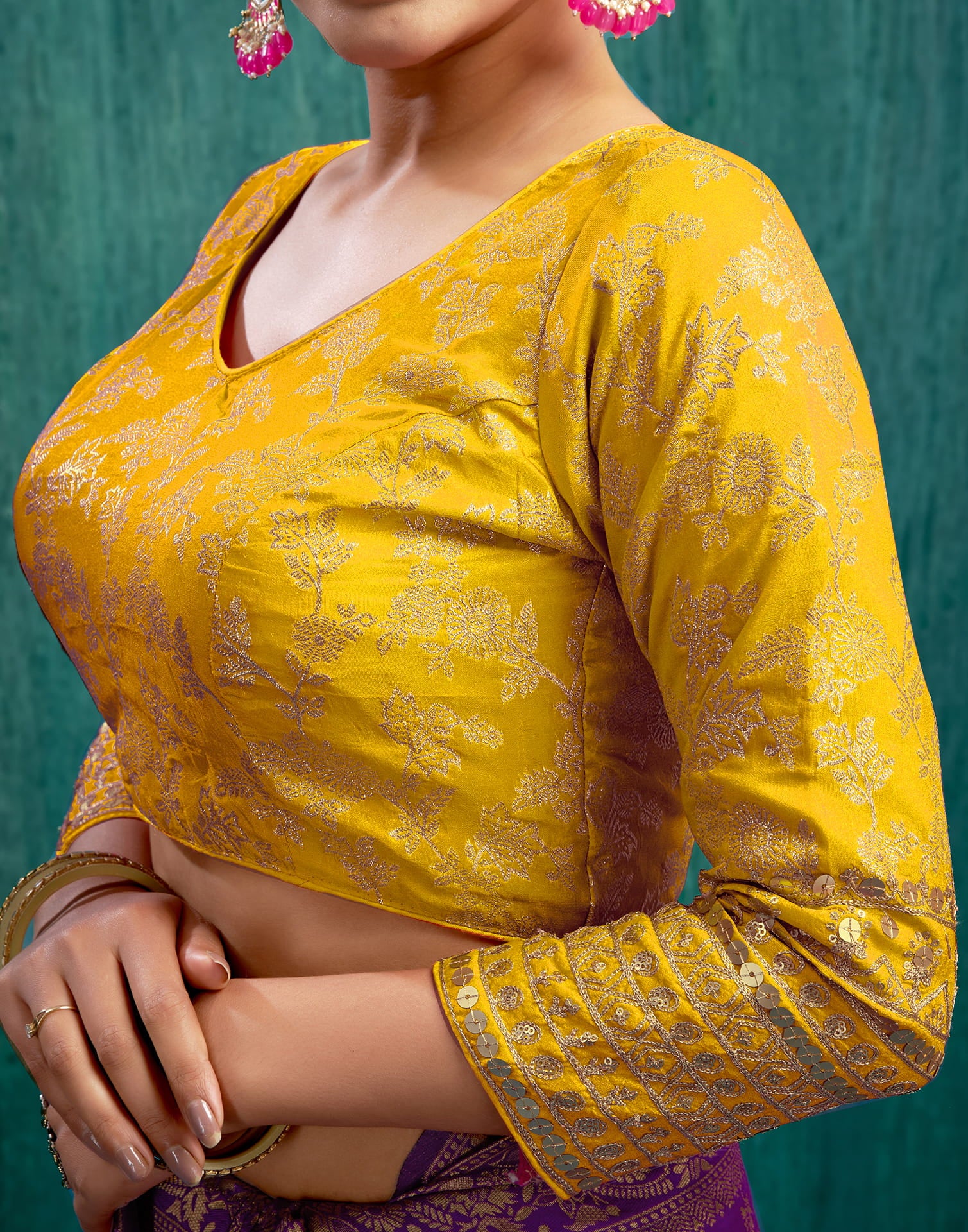 Yellow Silk Plain Embroidery Blouse - Image 6