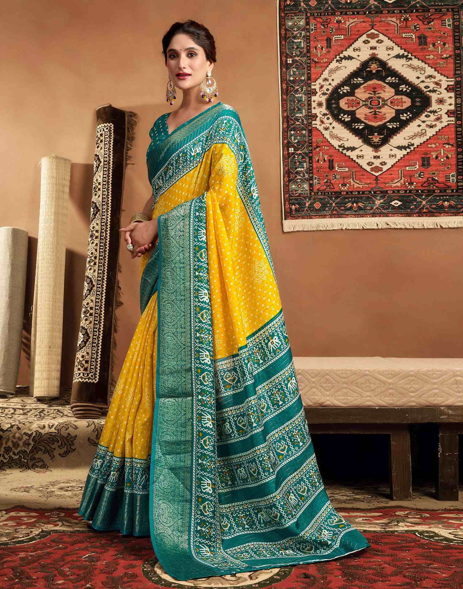 Yellow Silk Printed Bandhani Saree - Image 4