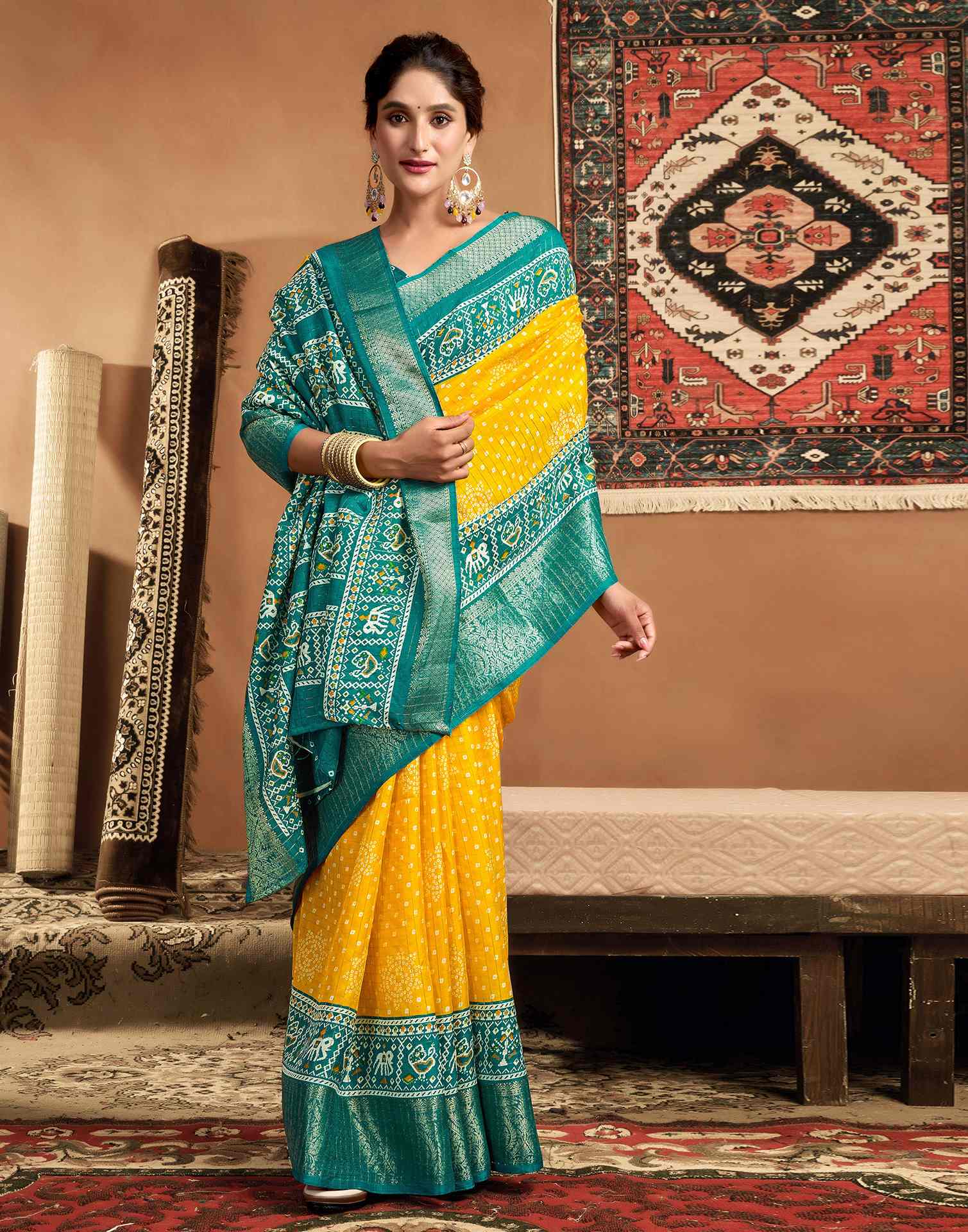 Yellow Silk Printed Bandhani Saree - Image 5