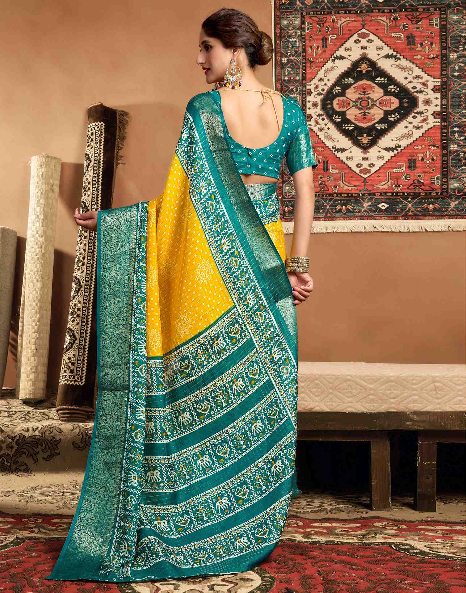 Yellow Silk Printed Bandhani Saree - Image 6