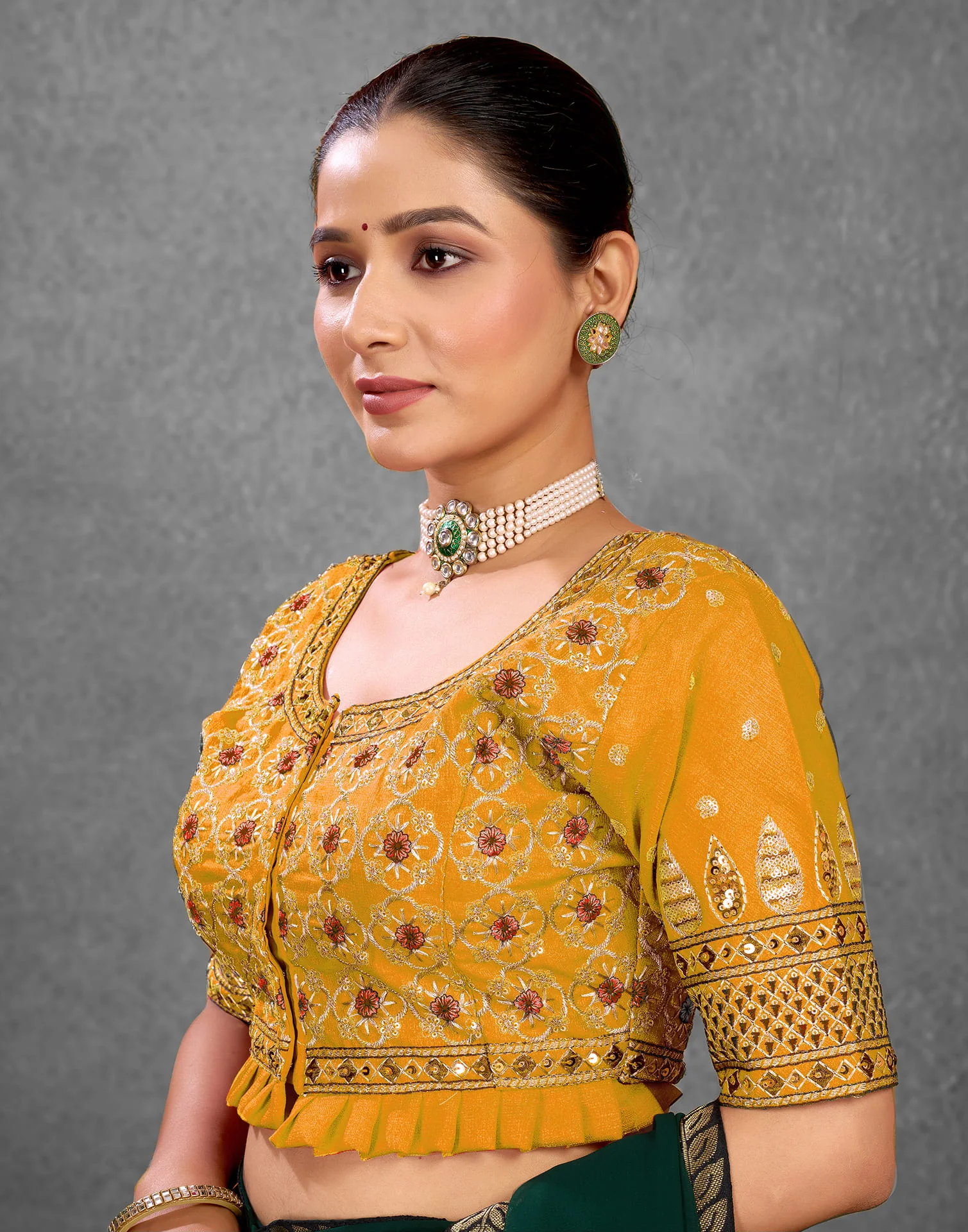 Yellow Silk Sequence Embroidery Blouse - Image 4