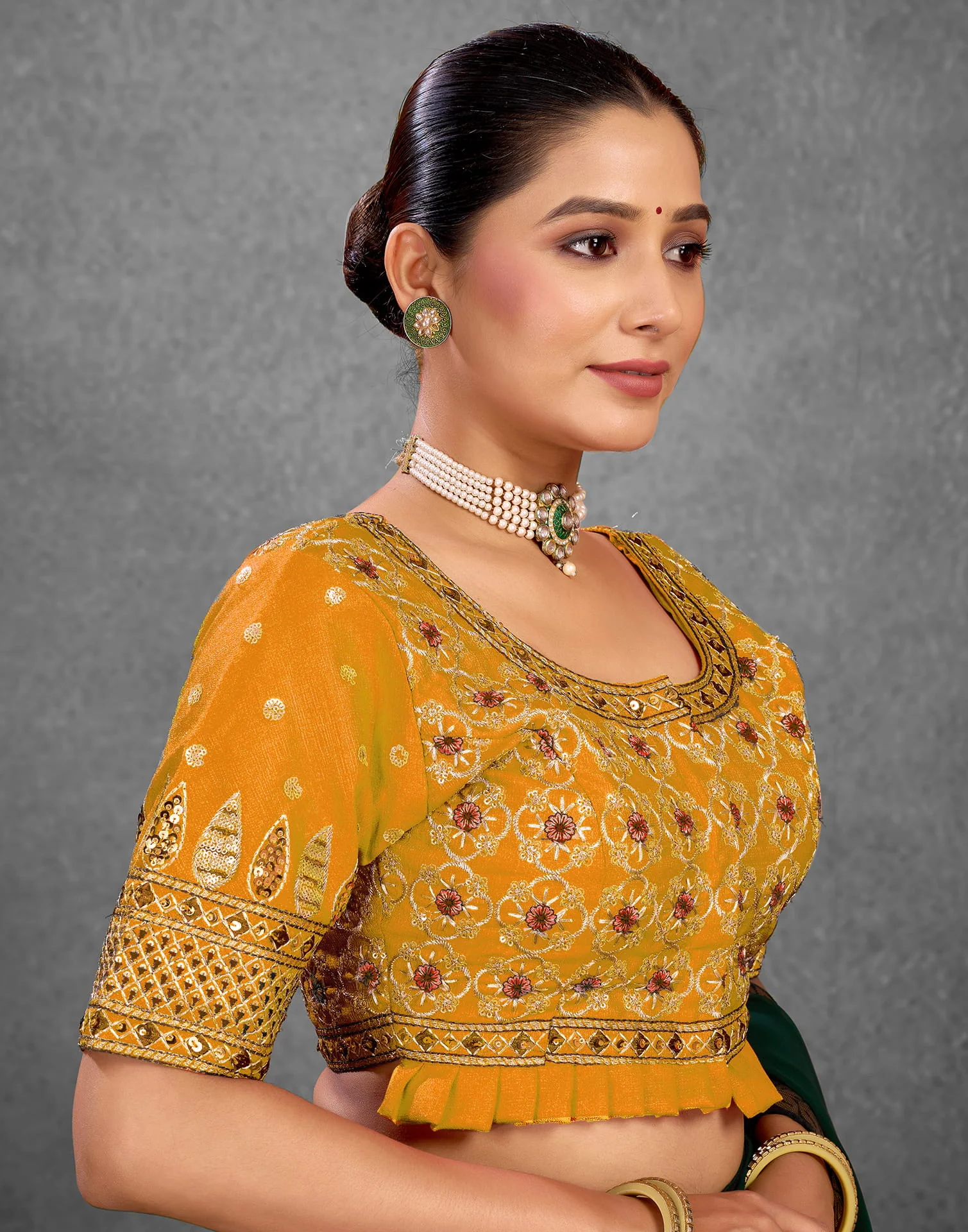 Yellow Silk Sequence Embroidery Blouse - Image 5