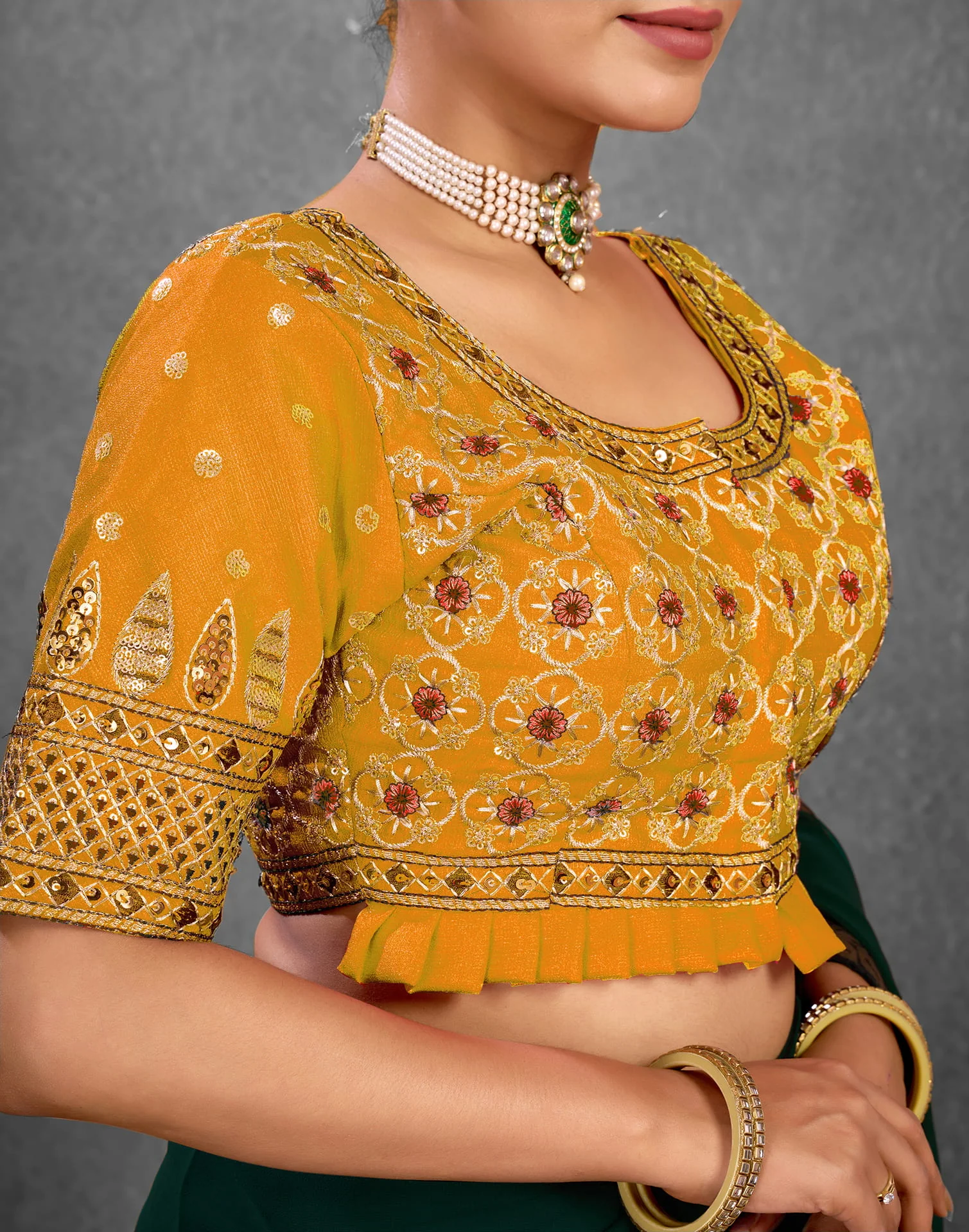 Yellow Silk Sequence Embroidery Blouse - Image 6