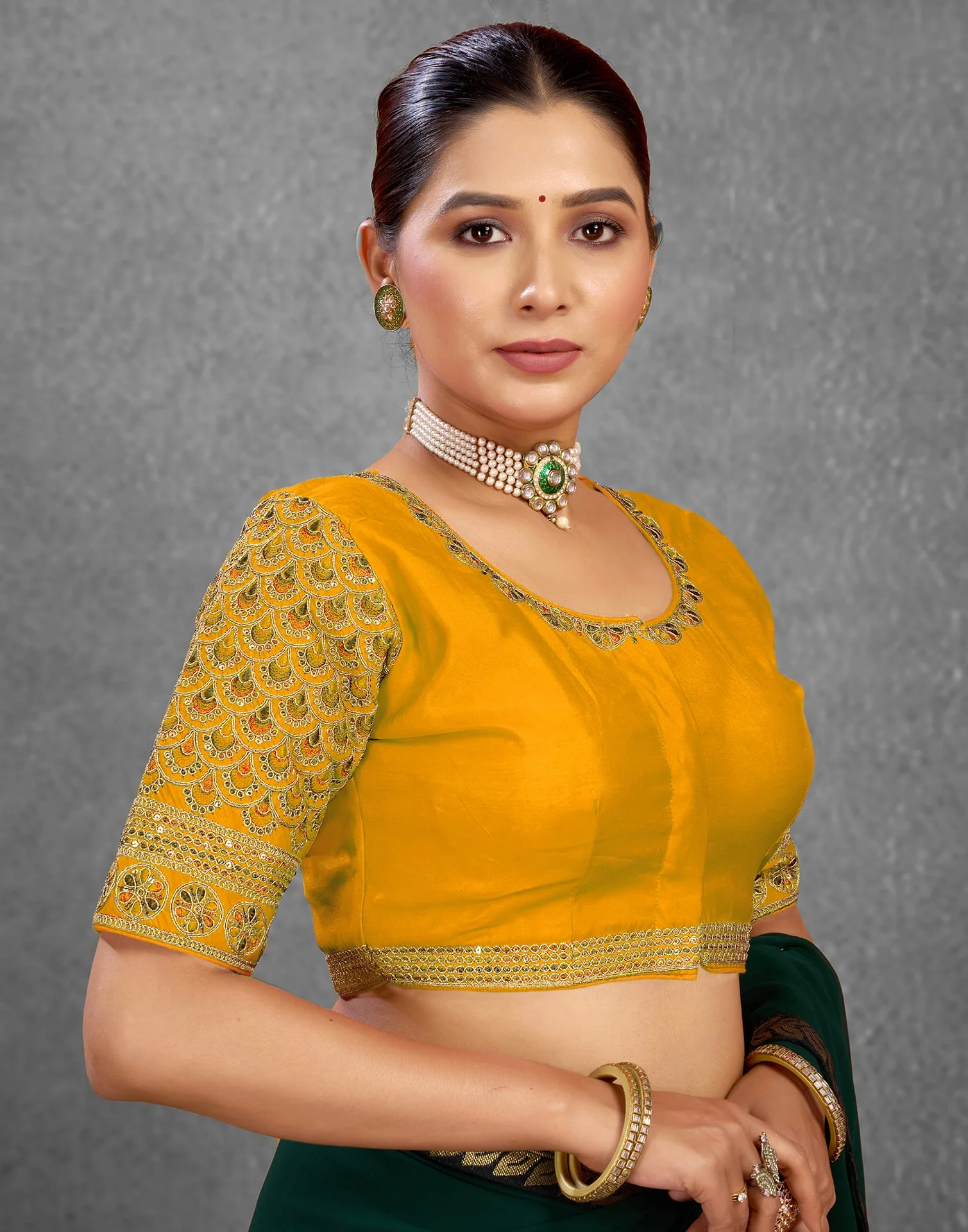Yellow Silk Sequence Embroidery Blouse - Image 4
