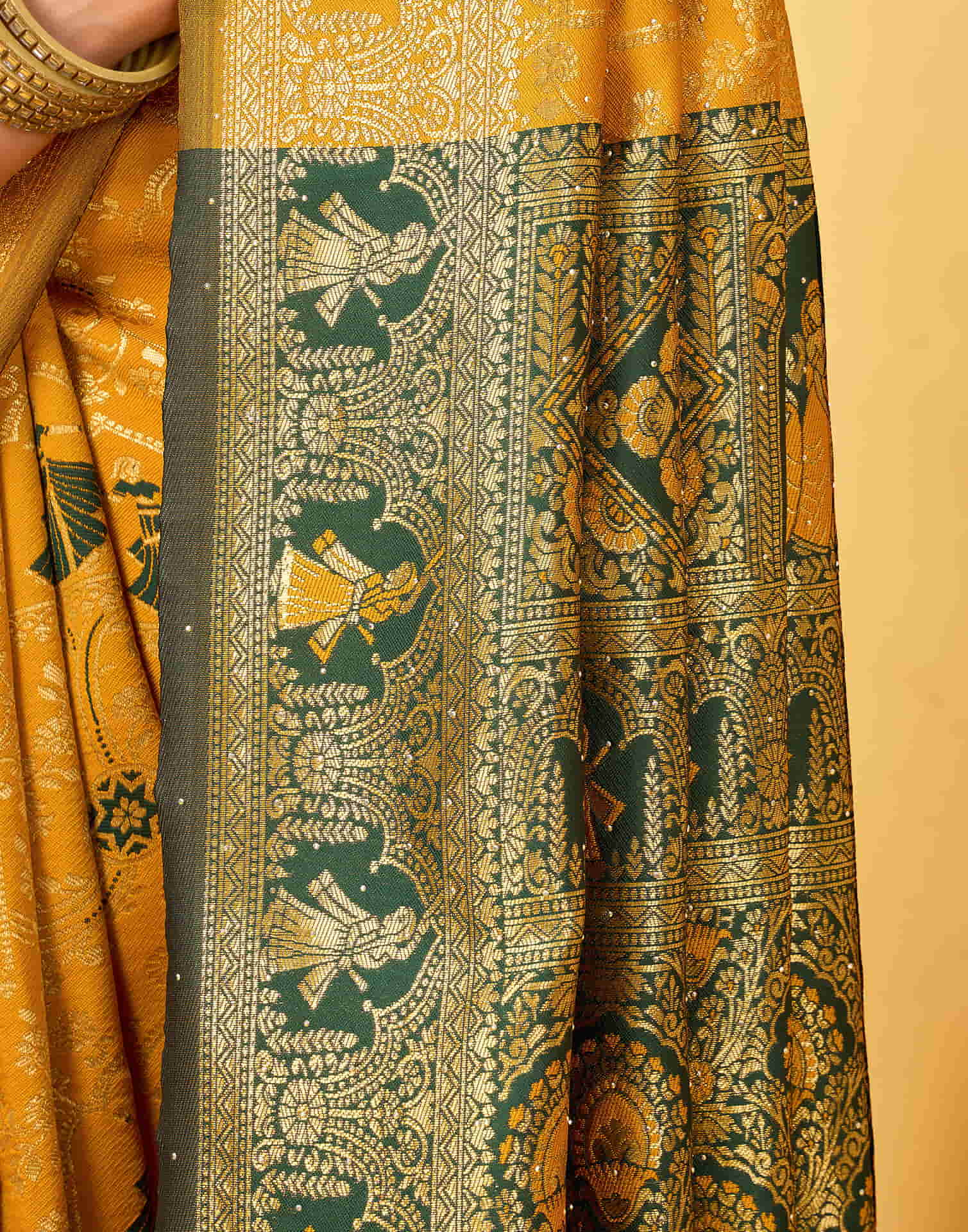 Yellow Silk Woven Baluchari Saree - Image 10