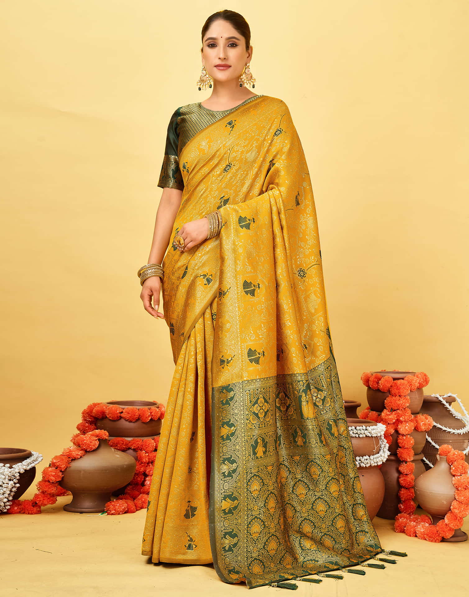 Yellow Silk Woven Baluchari Saree - Image 2
