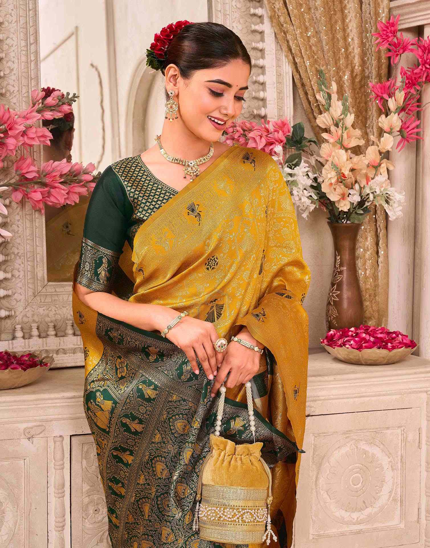 Yellow Silk Woven Baluchari Saree - Image 2