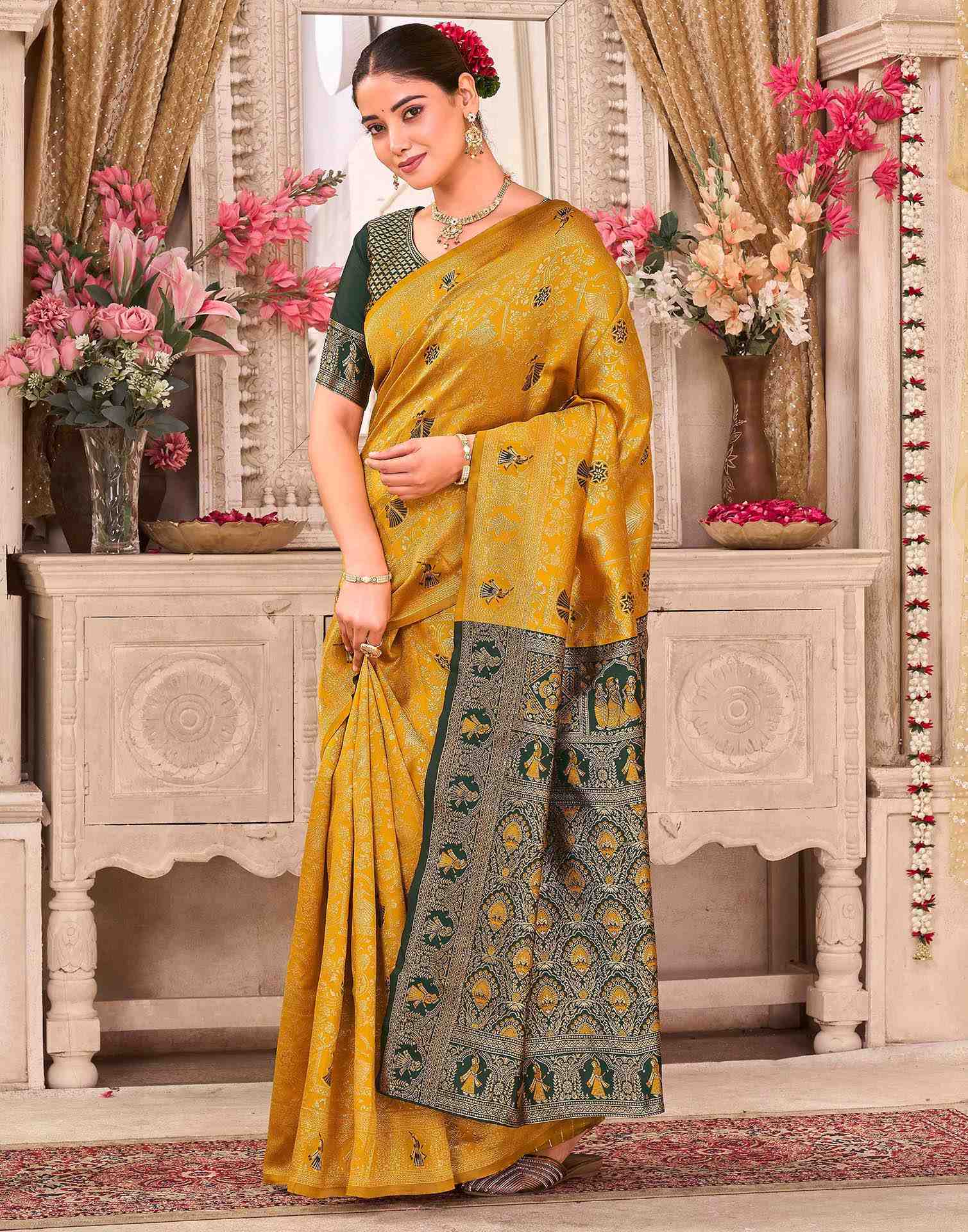 Yellow Silk Woven Baluchari Saree - Image 4