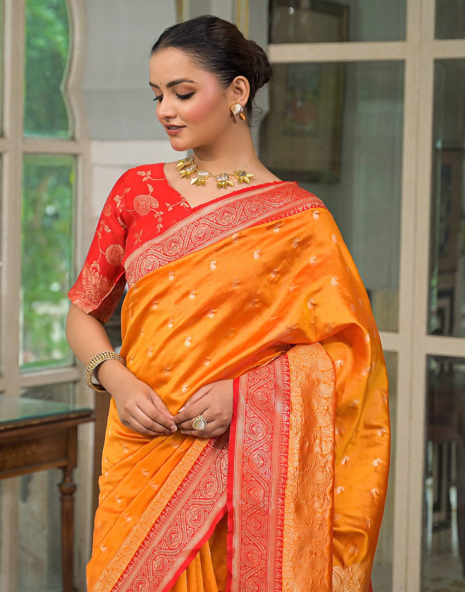 Yellow Silk Woven Banarasi Saree - Image 4