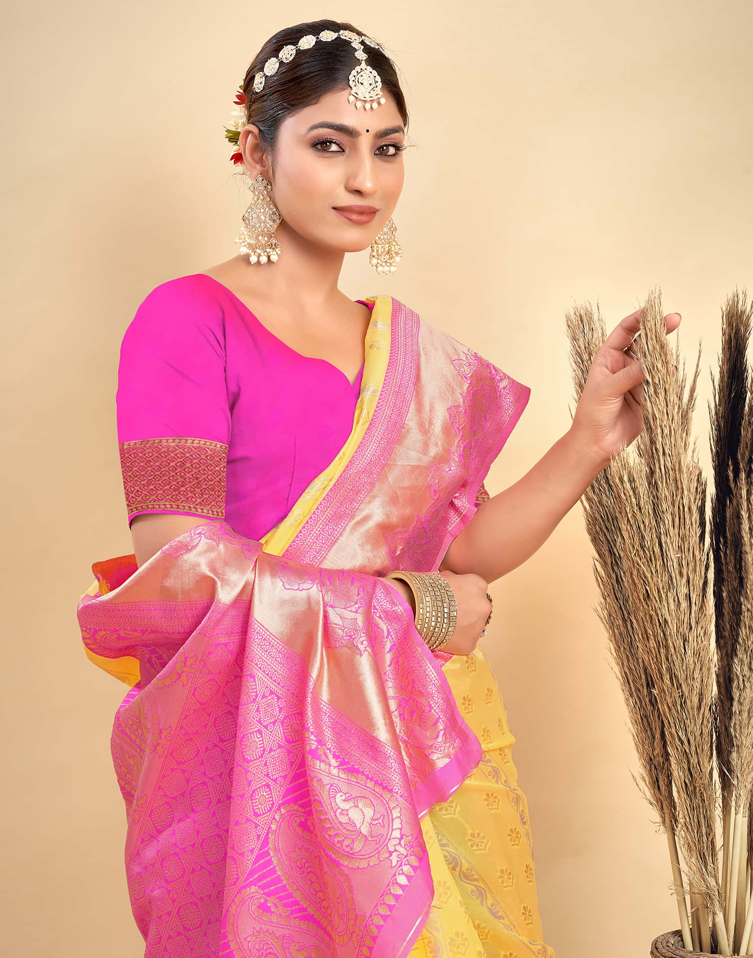 Yellow Silk Woven Banarasi Saree - Image 2