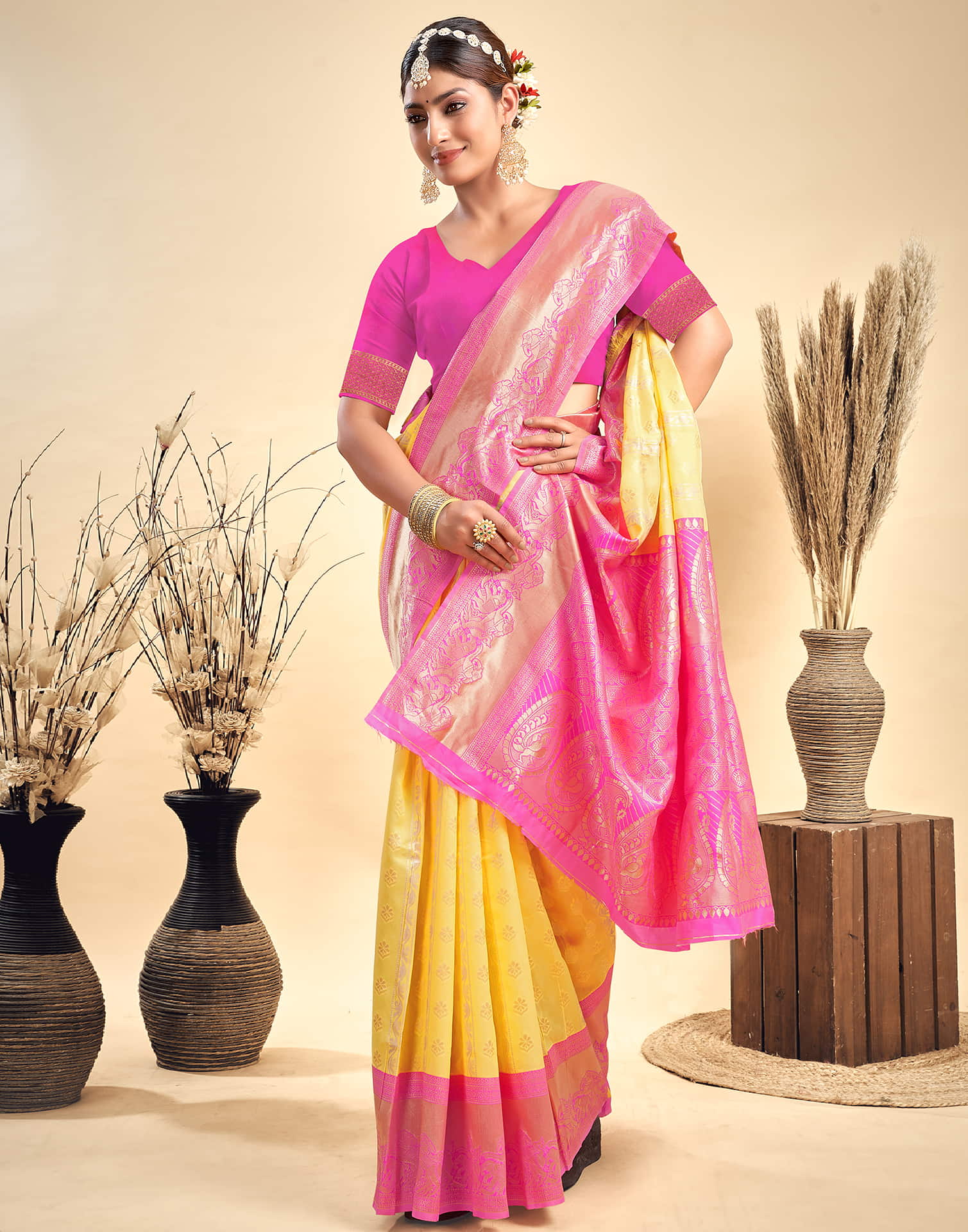 Yellow Silk Woven Banarasi Saree - Image 4