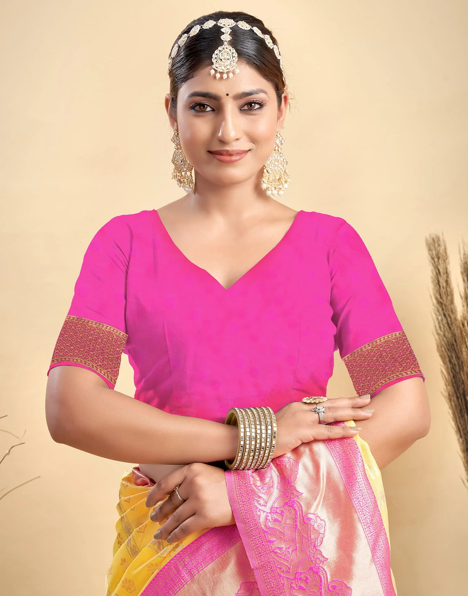 Yellow Silk Woven Banarasi Saree - Image 9