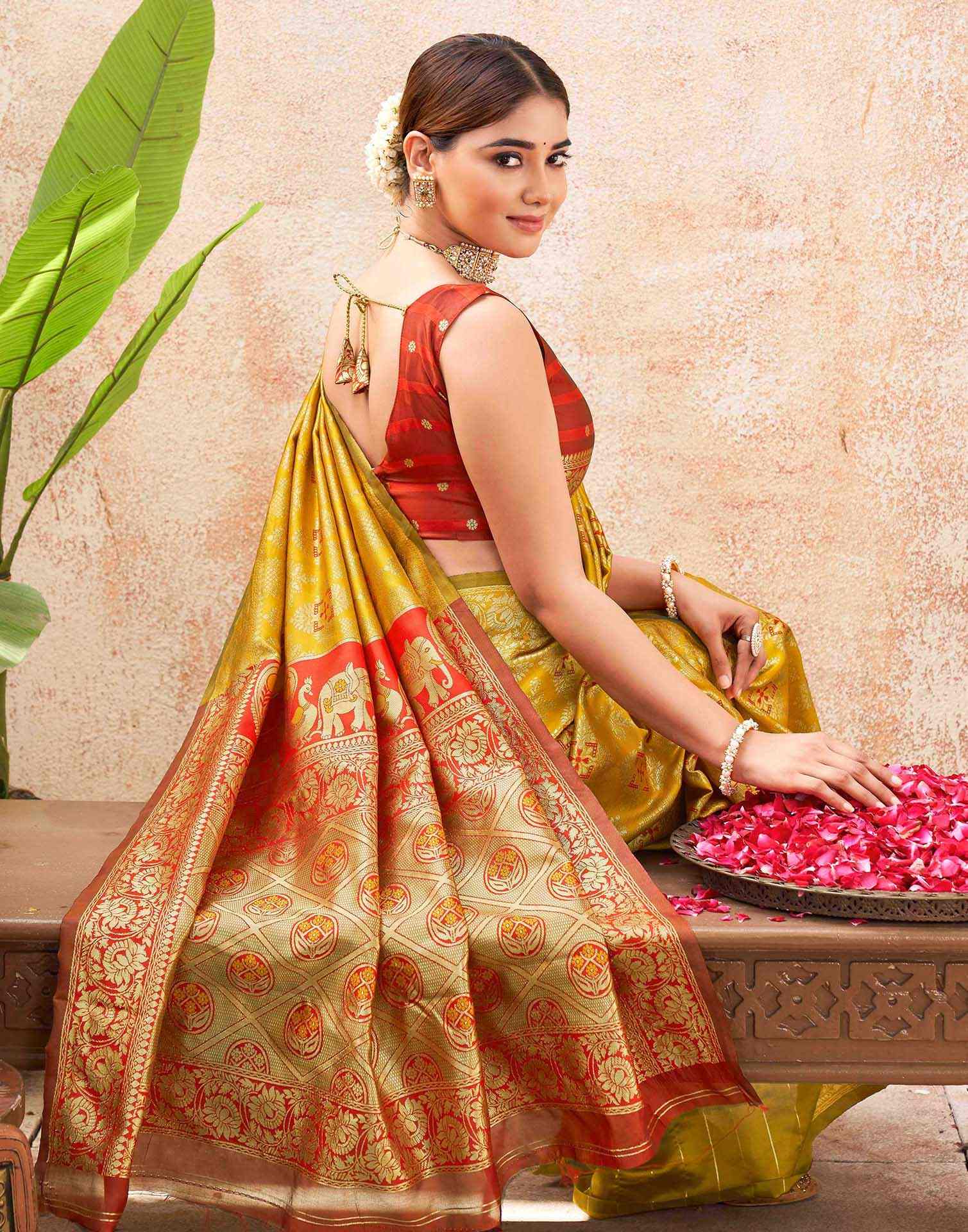 Yellow Silk Woven Banarasi Saree - Image 2