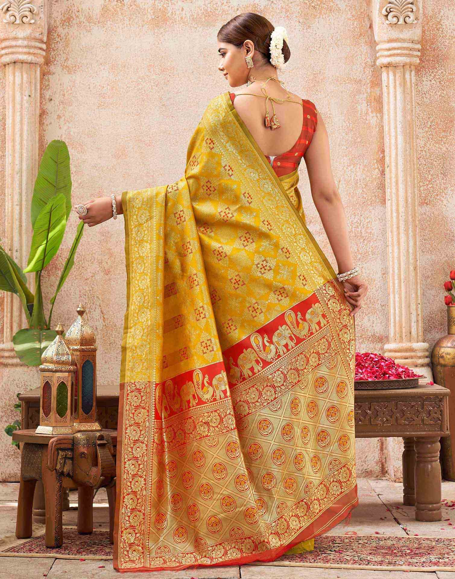 Yellow Silk Woven Banarasi Saree - Image 5