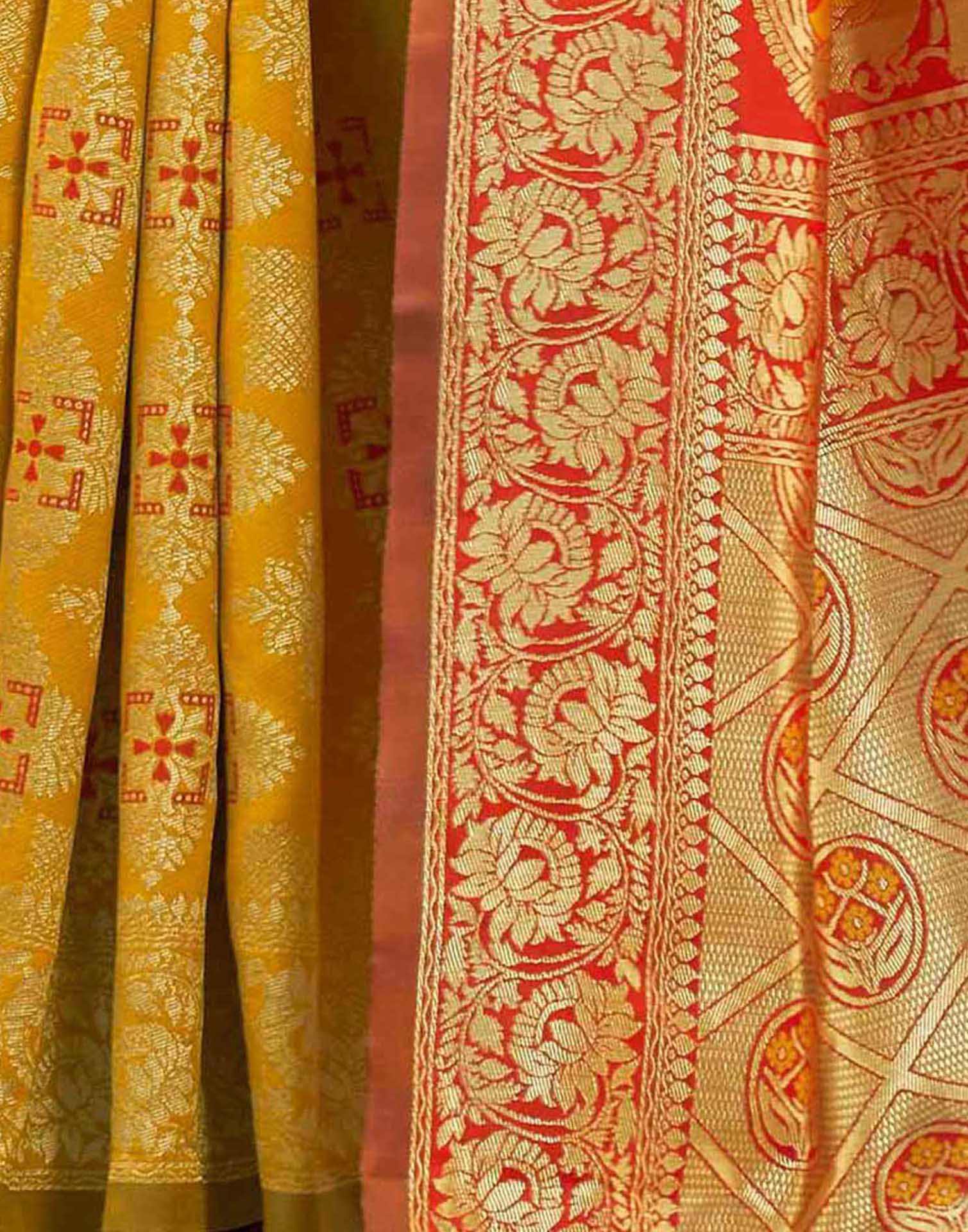 Yellow Silk Woven Banarasi Saree - Image 9