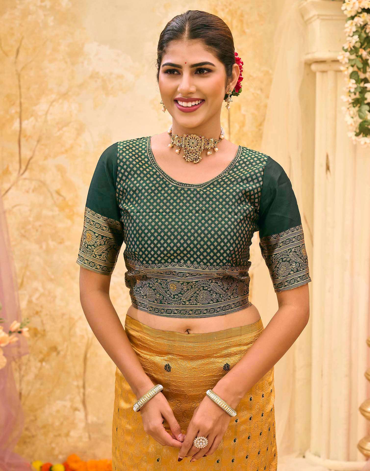 Yellow Silk Woven Banarasi Saree - Image 8