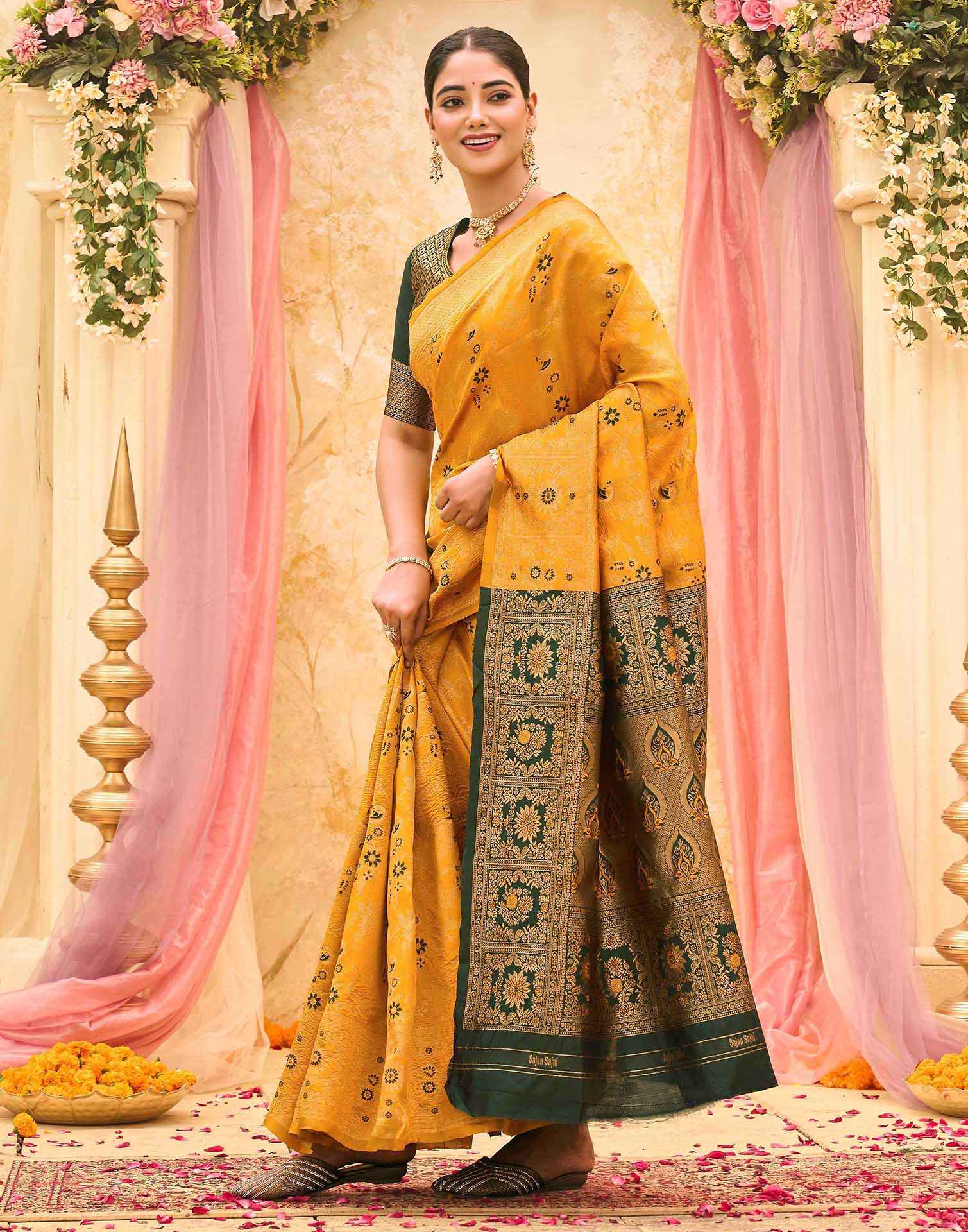 Yellow Silk Woven Banarasi Saree - Image 2