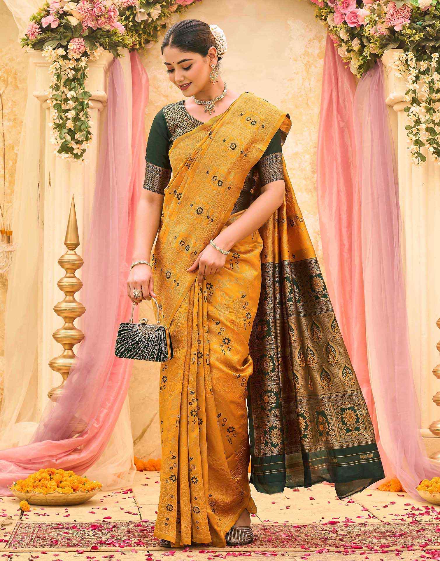 Yellow Silk Woven Banarasi Saree - Image 4