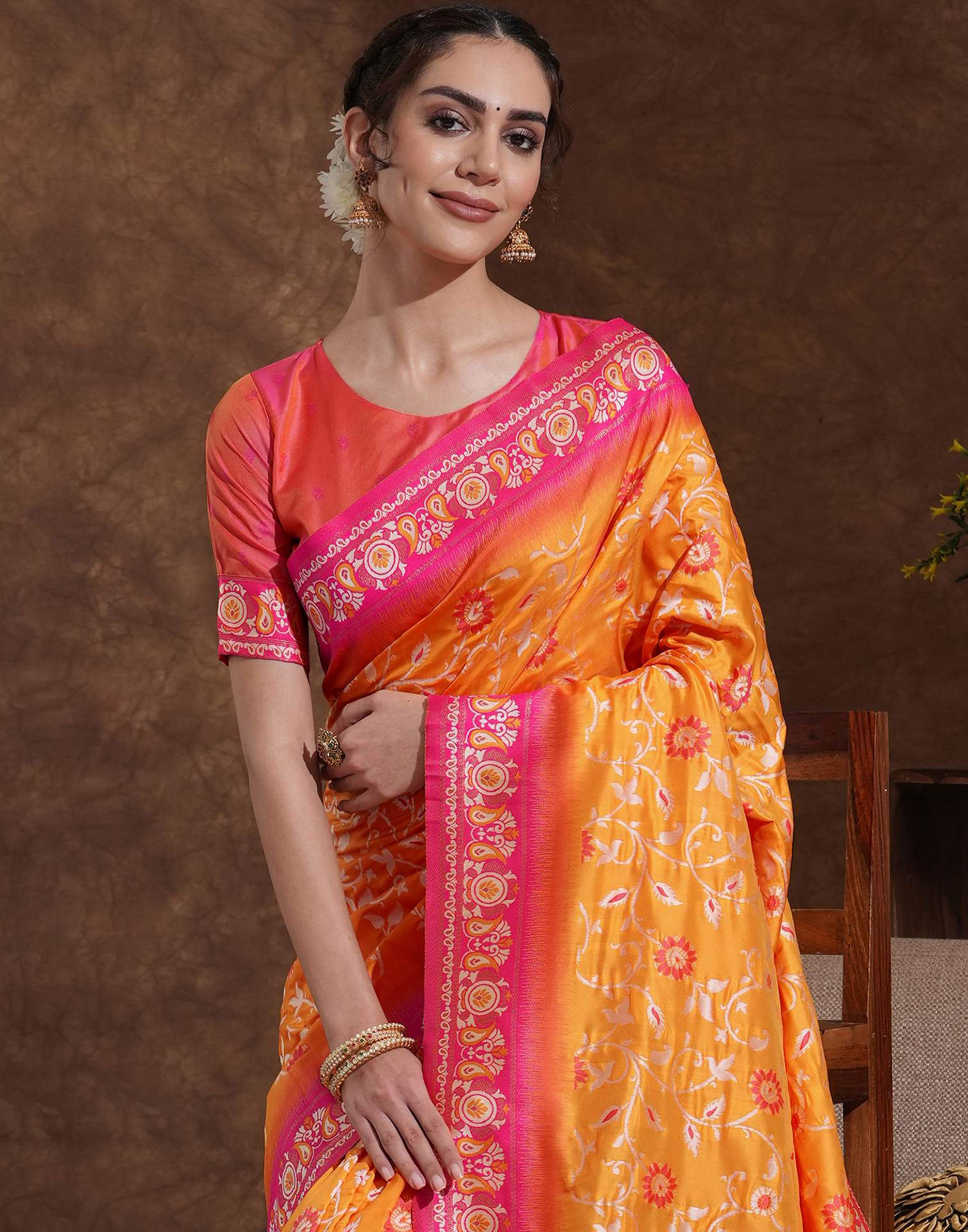 Yellow Silk Woven Banarasi Saree - Image 2