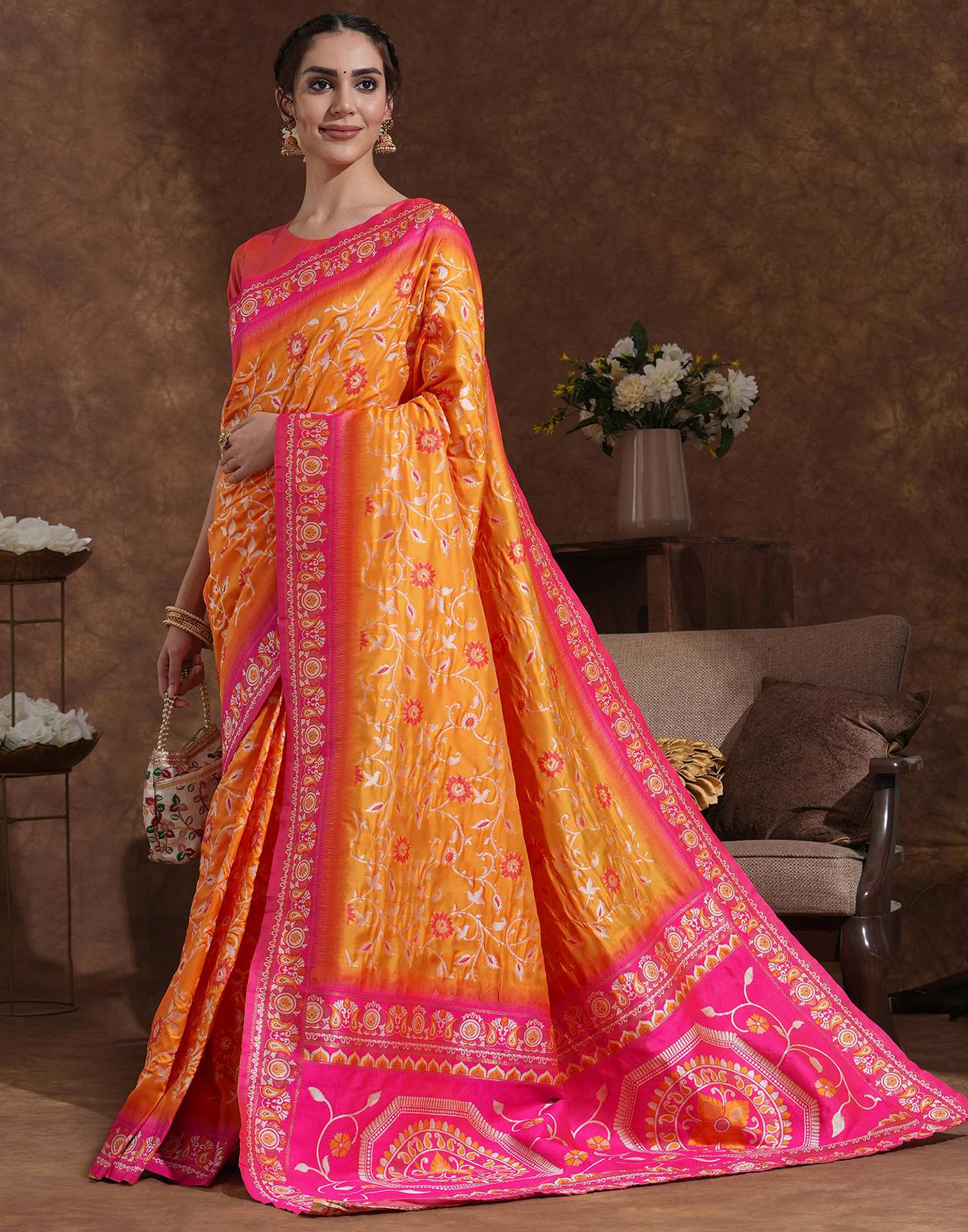 Yellow Silk Woven Banarasi Saree - Image 4