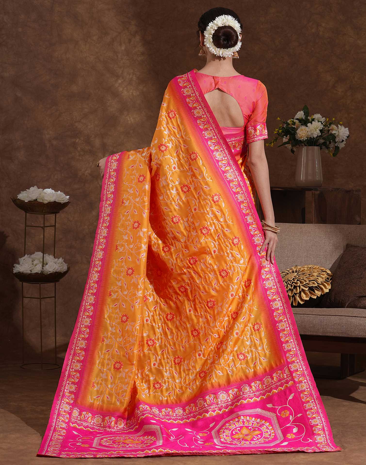 Yellow Silk Woven Banarasi Saree - Image 6