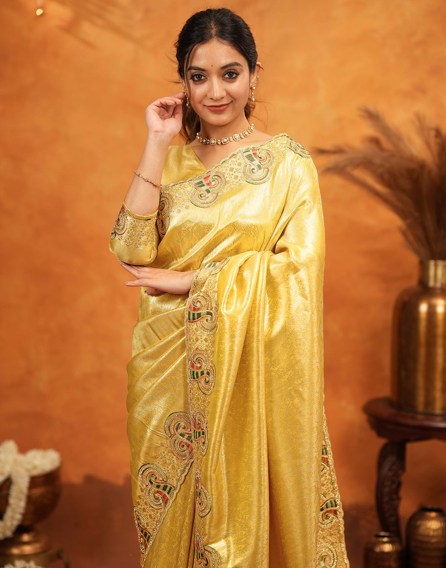 Yellow Silk Woven Embroidery Stone Work Banarasi Saree - Image 10