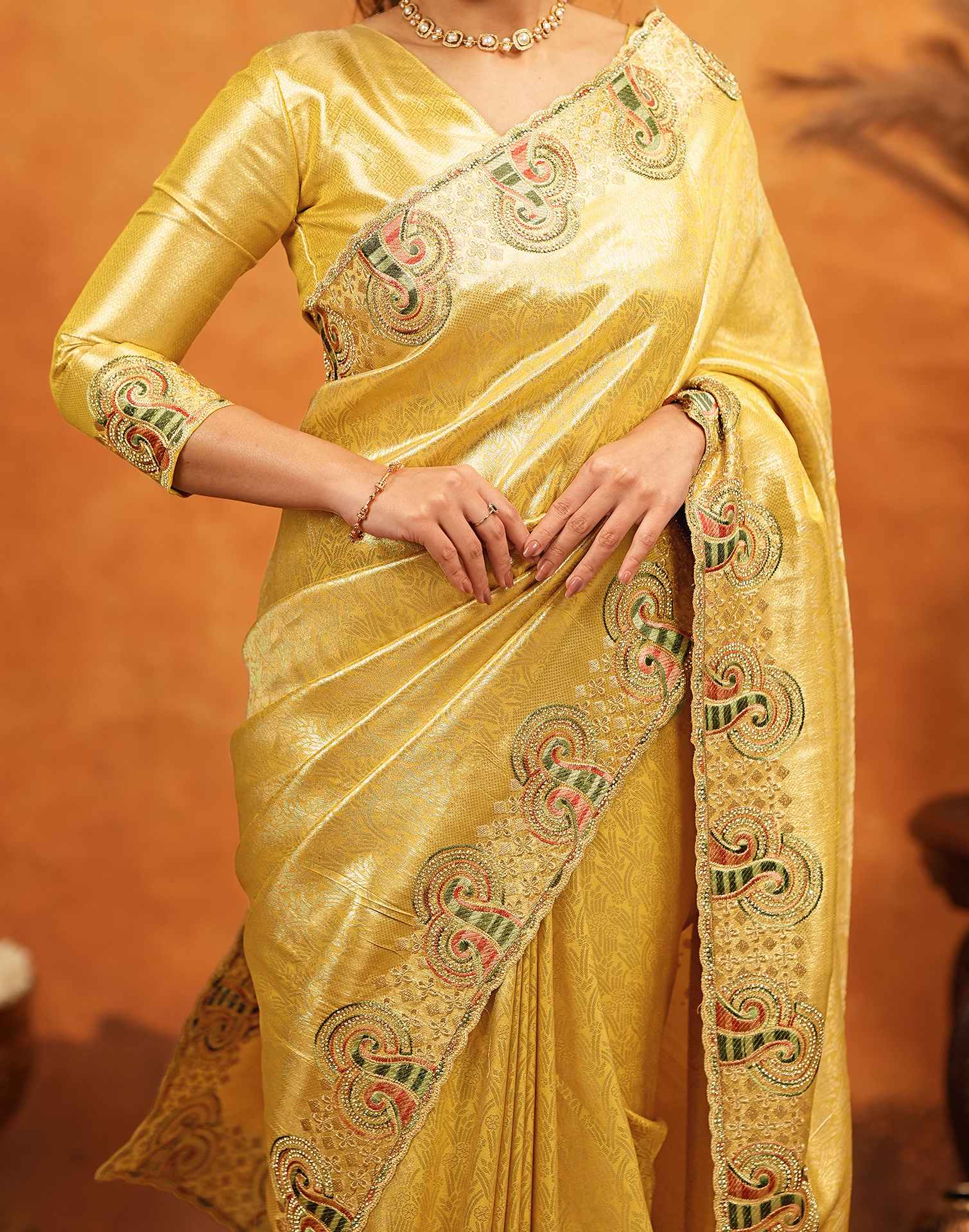 Yellow Silk Woven Embroidery Stone Work Banarasi Saree - Image 11