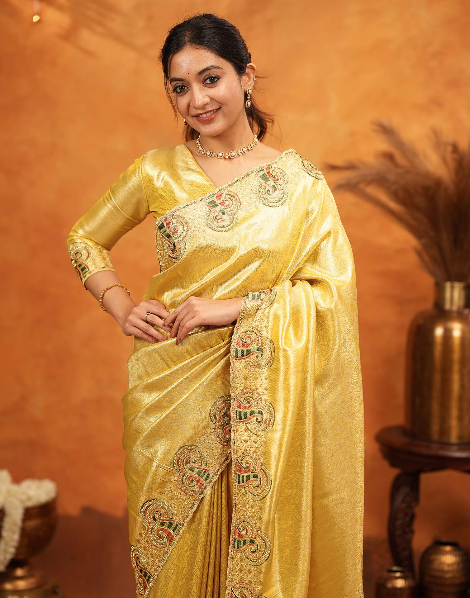 Yellow Silk Woven Embroidery Stone Work Banarasi Saree - Image 2